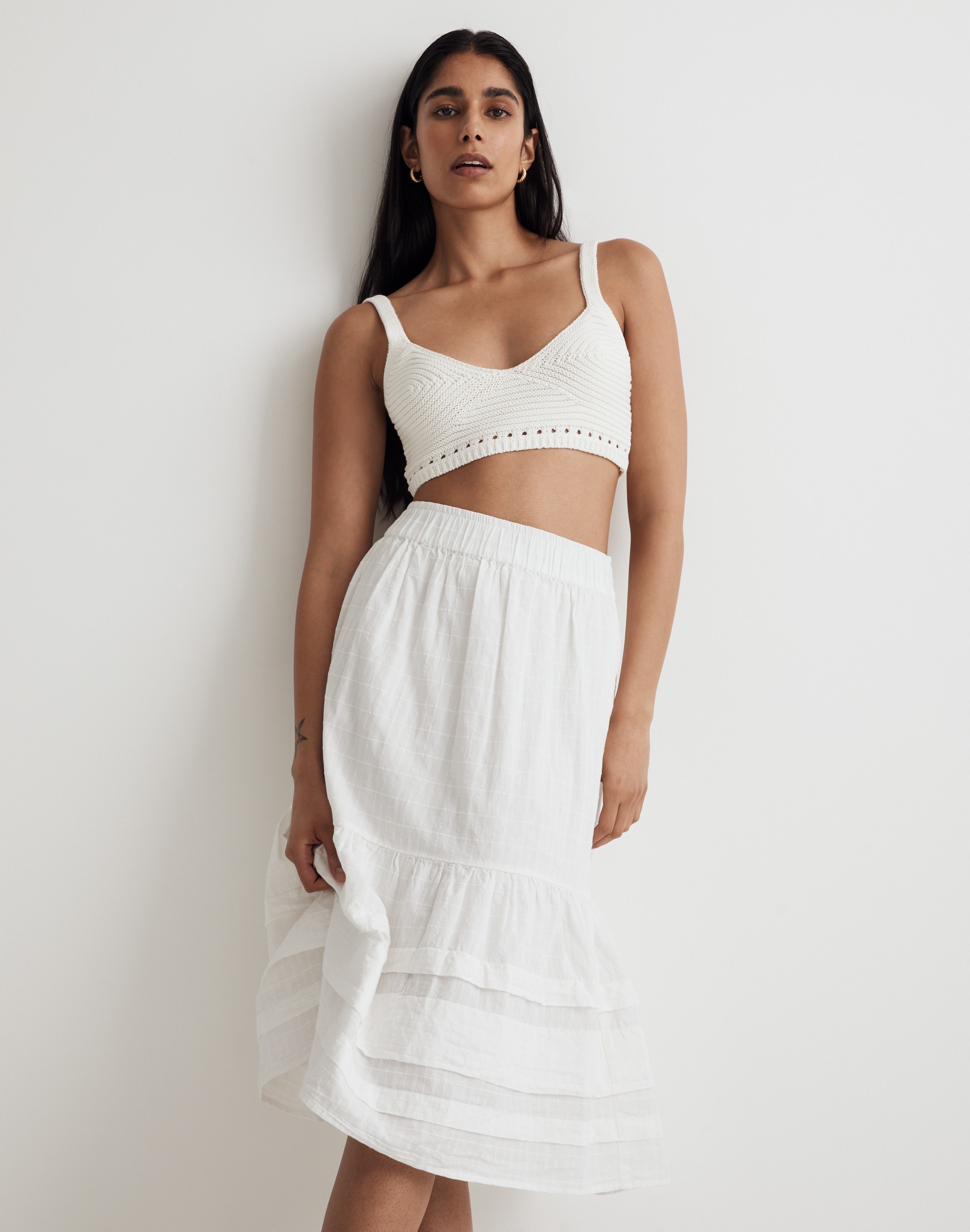 Pintuck Tiered Midi Skirt in Windowpane Pattern