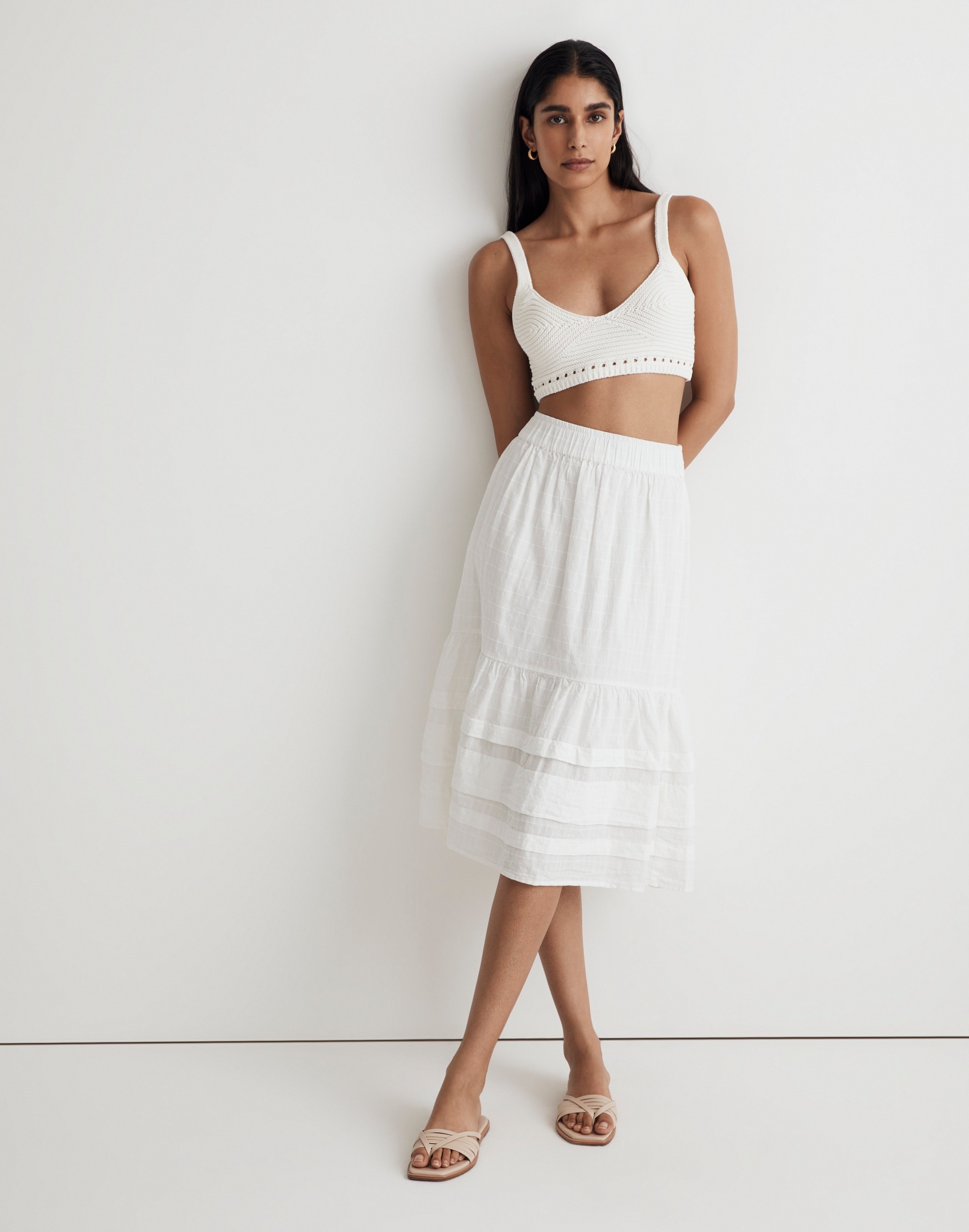 pintuck tiered midi skirt in windowpane pattern