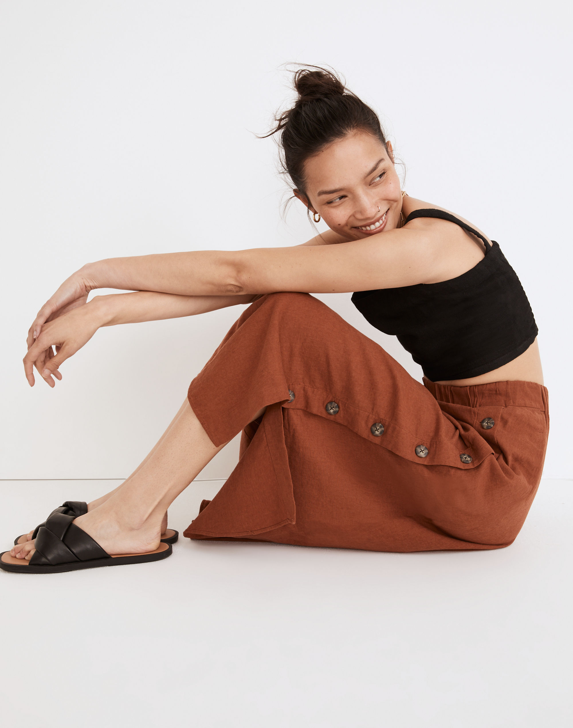 Linen-Blend Side-Button Midi Skirt