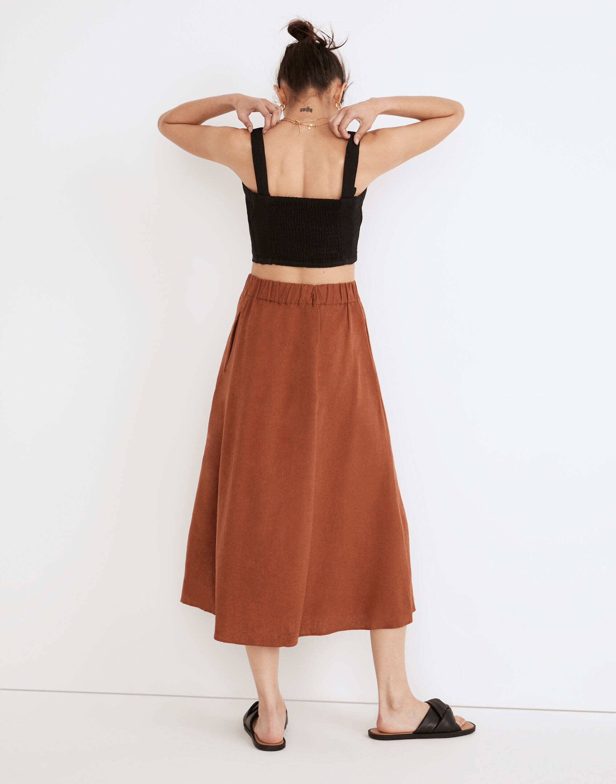 Linen-Blend Side-Button Midi Skirt