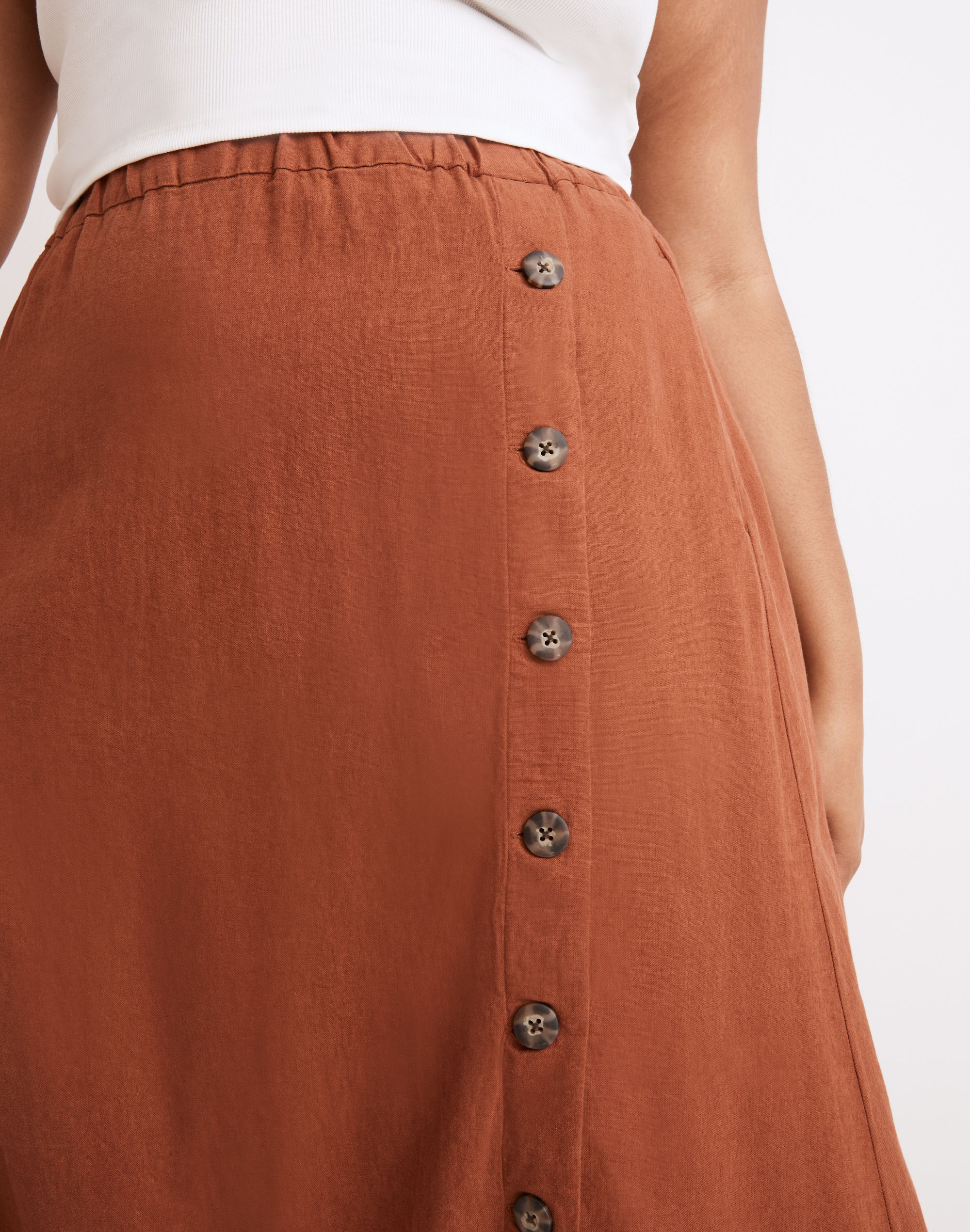 Linen-Blend Side-Button Midi Skirt