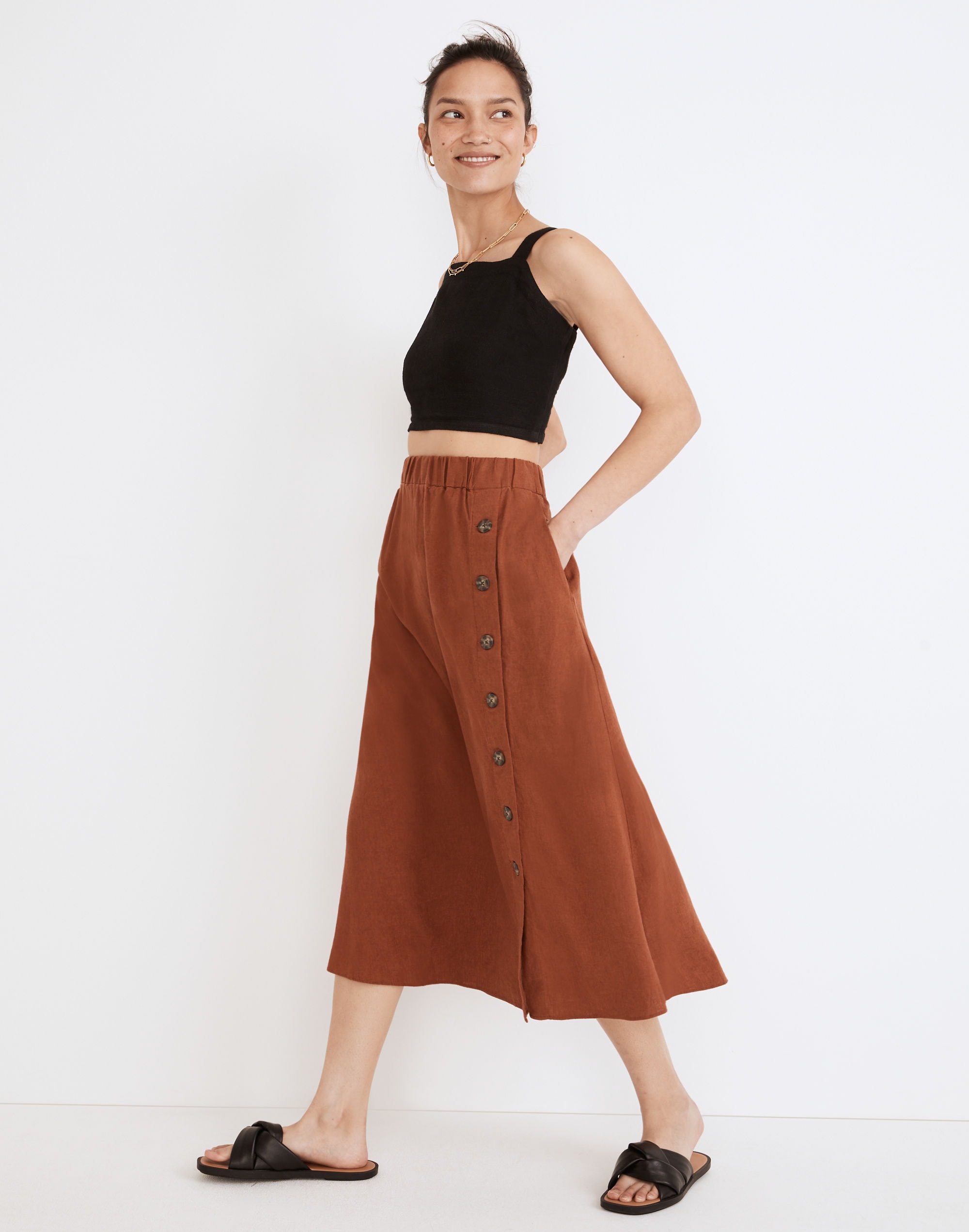Linen-Blend Side-Button Midi Skirt