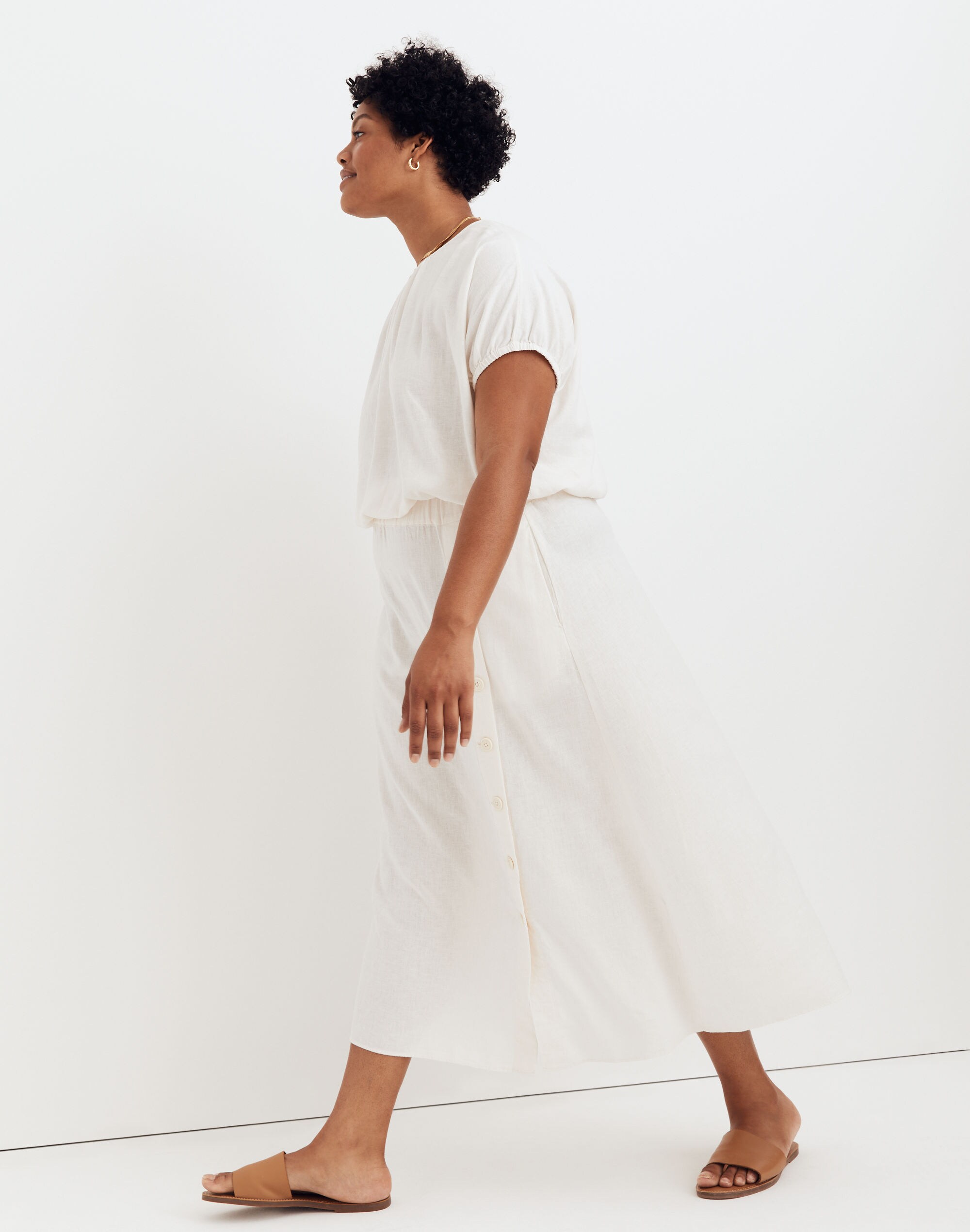 Linen-Blend Side-Button Midi Skirt