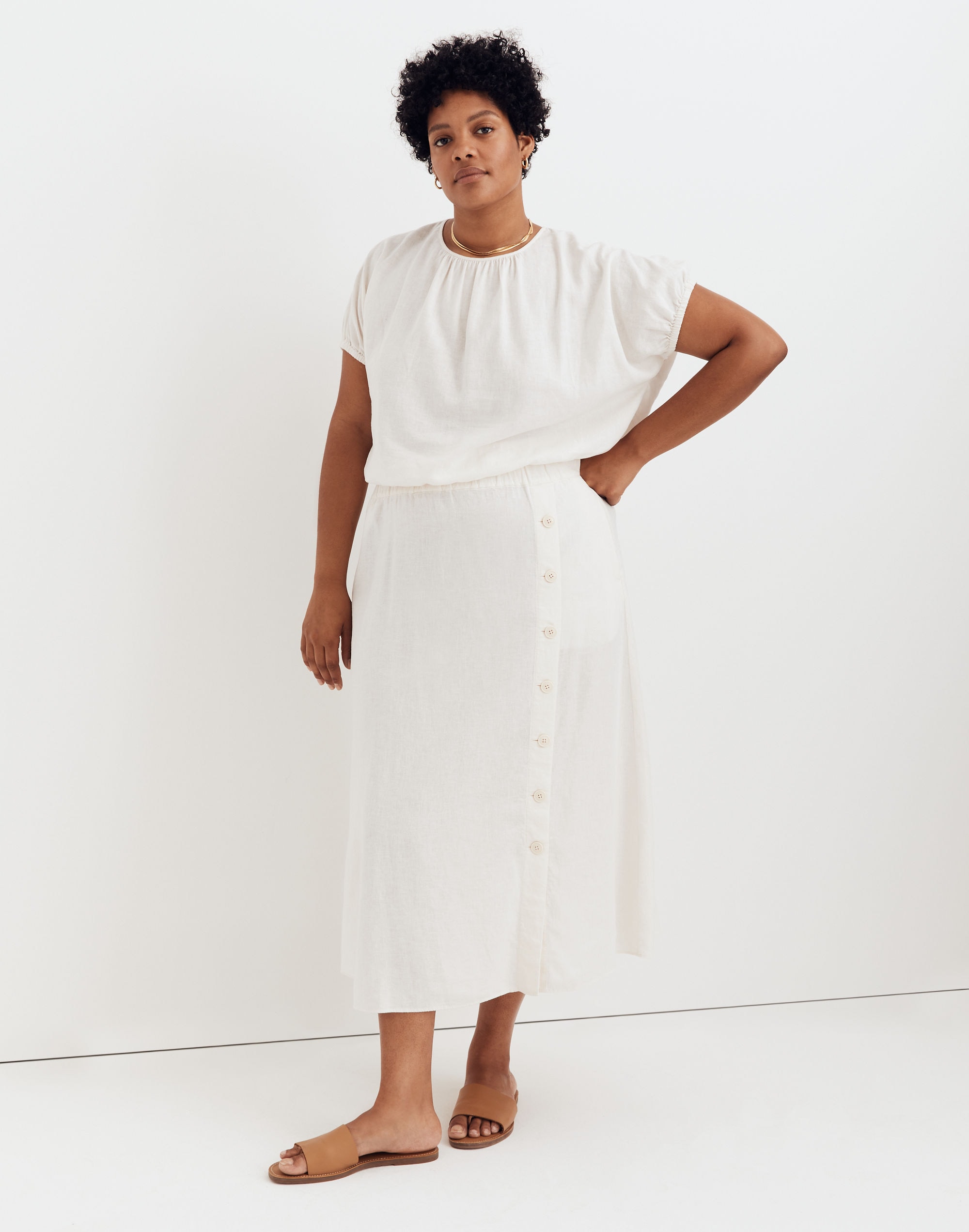 Linen-Blend Side-Button Midi Skirt