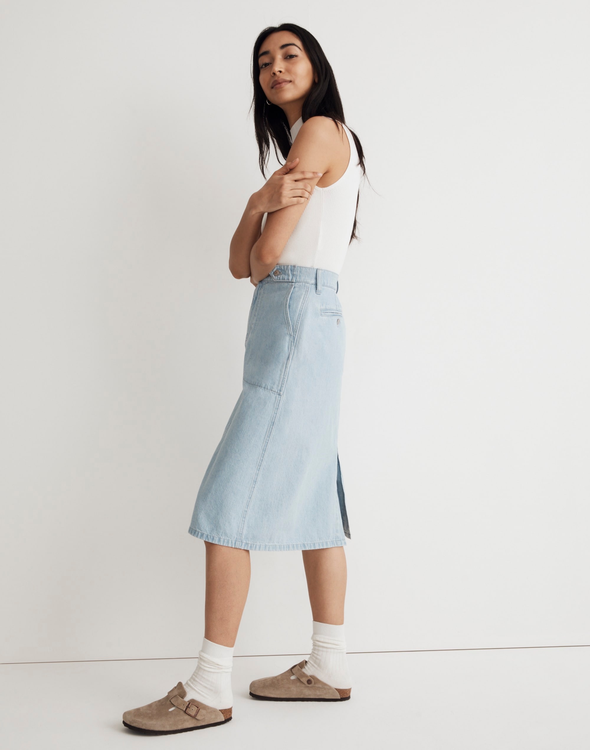 Denim Tab-Waist A-Line Midi Skirt in Lynnhaven Wash