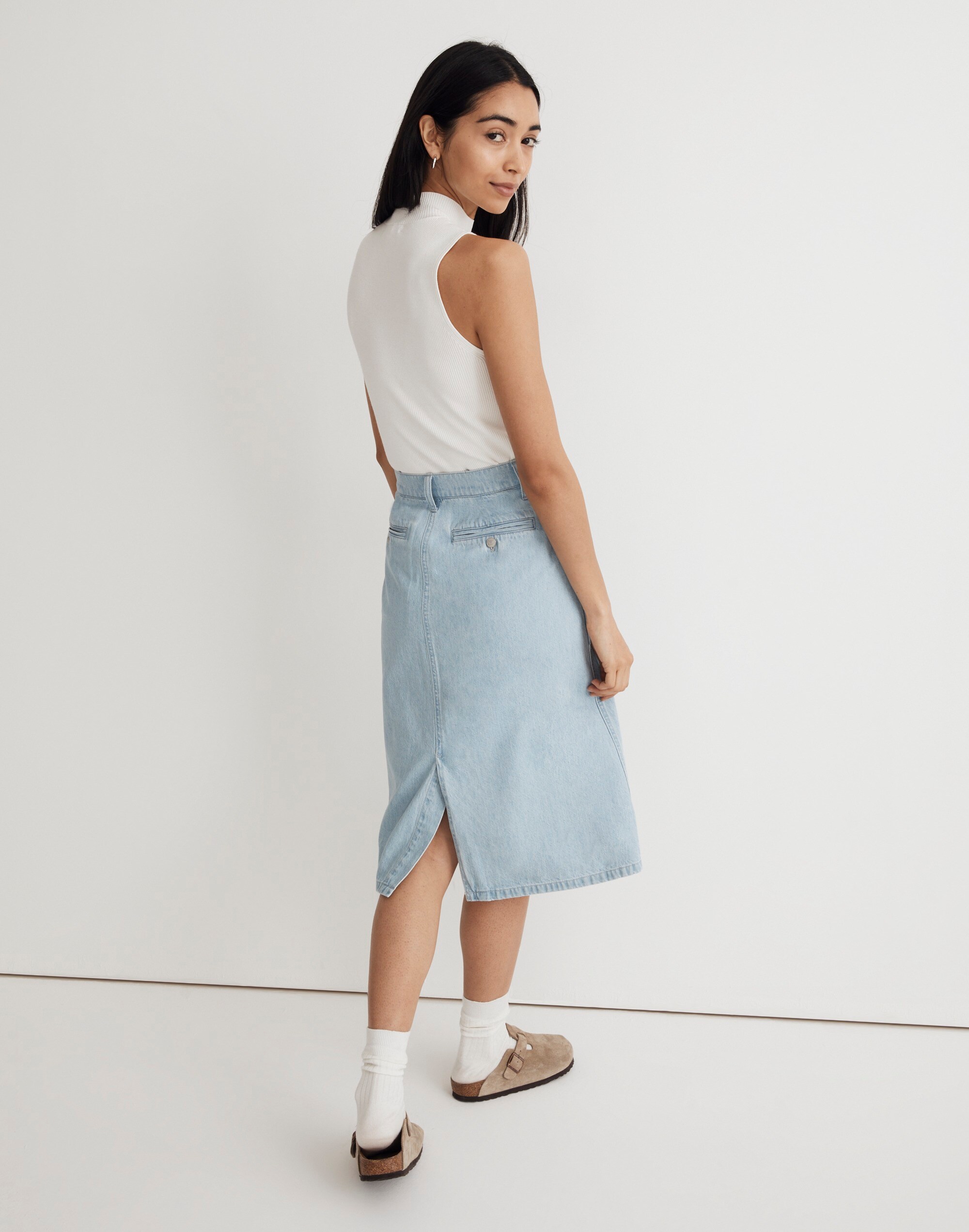 Denim Tab-Waist A-Line Midi Skirt in Lynnhaven Wash