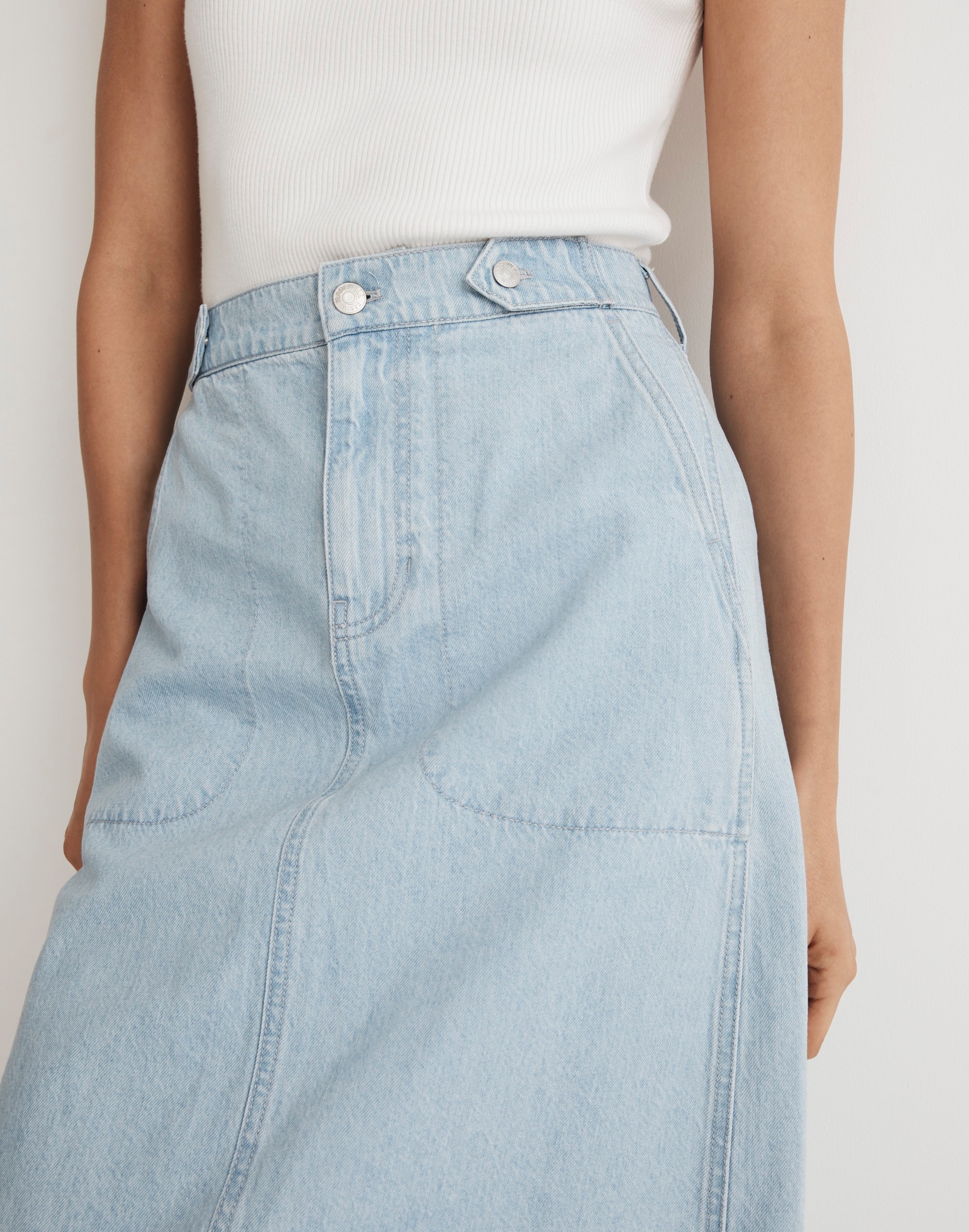 Denim Tab-Waist A-Line Midi Skirt in Lynnhaven Wash