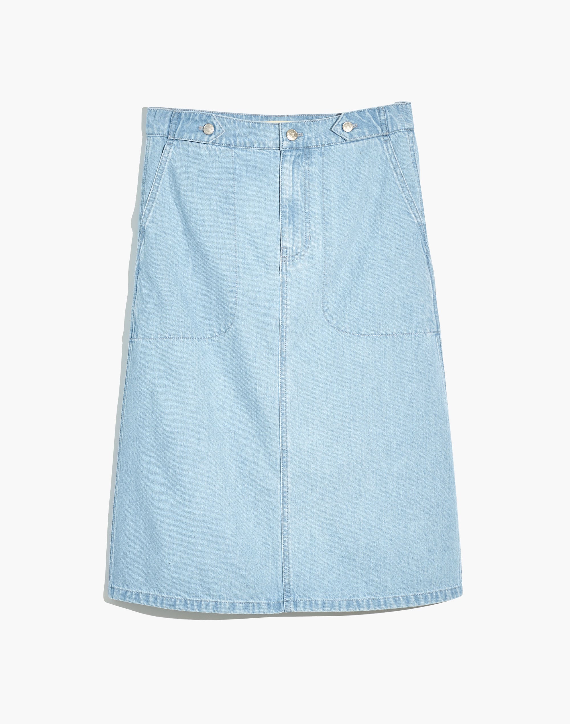 Denim Tab-Waist A-Line Midi Skirt in Lynnhaven Wash