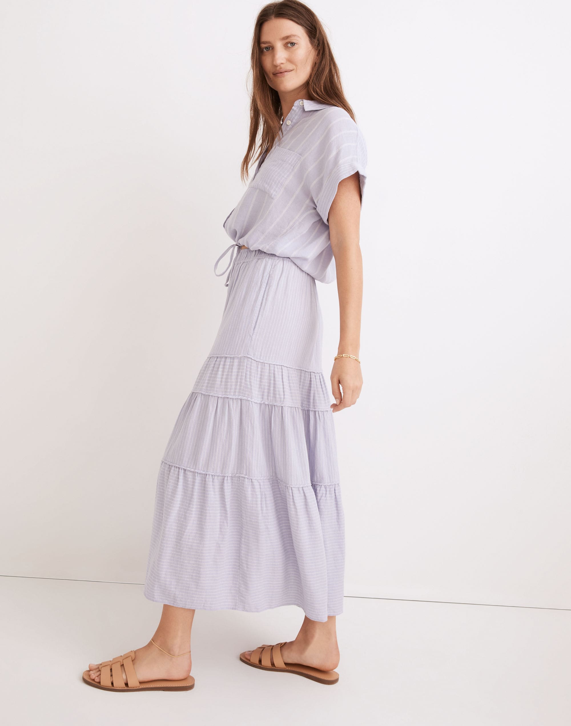 Linen-Blend Pull-On Tiered Maxi Skirt in Stripe-Play