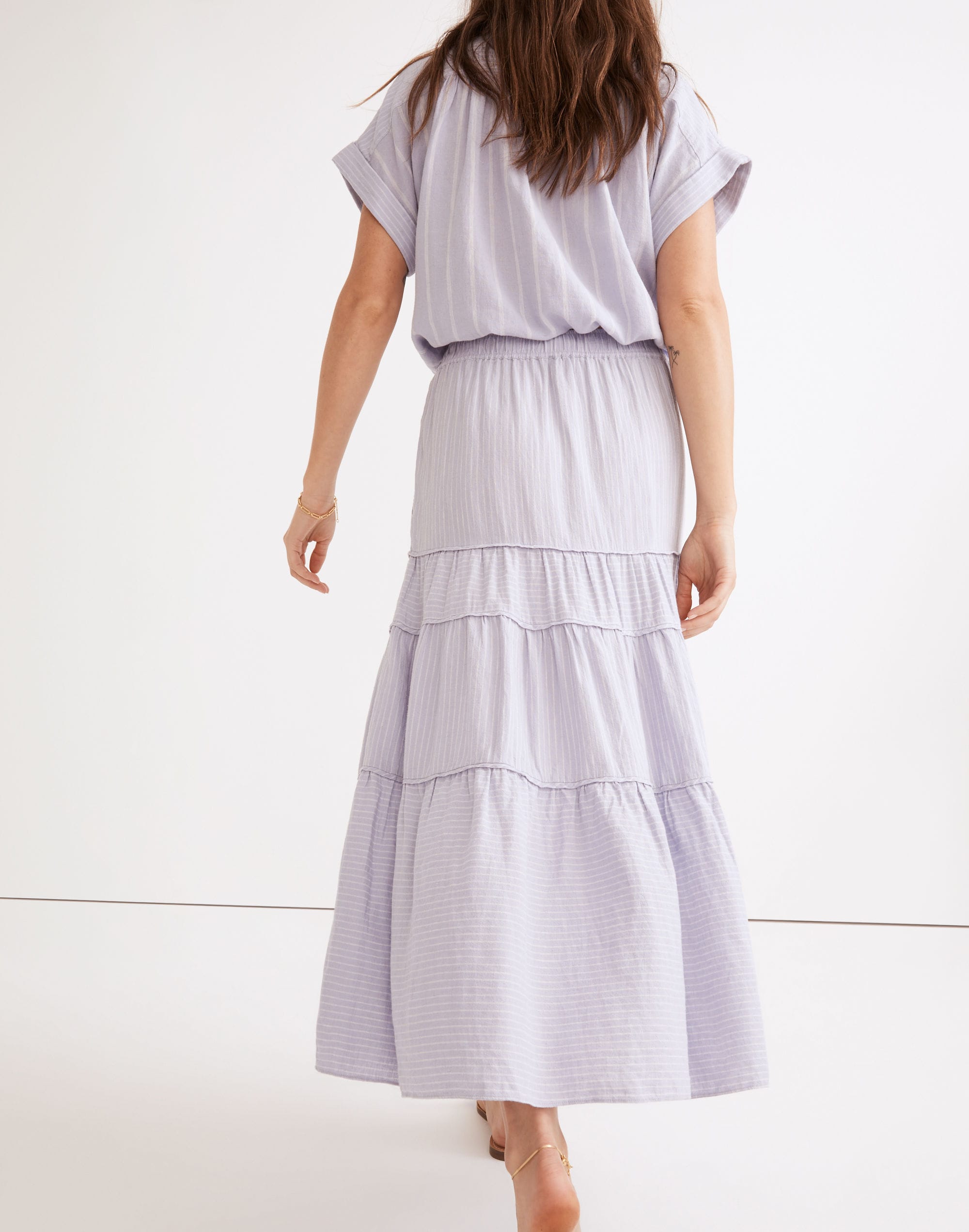 Linen-Blend Pull-On Tiered Maxi Skirt in Stripe-Play