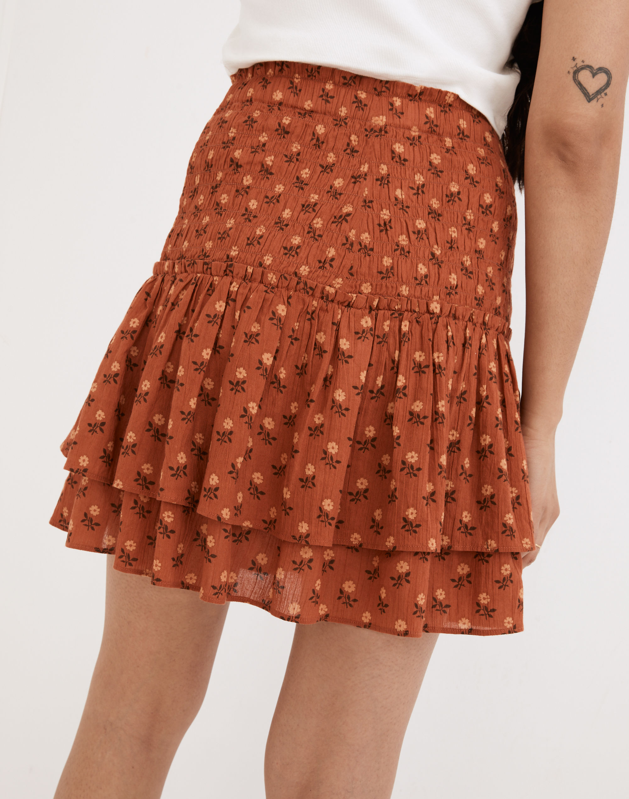 Smocked Pull-On Tiered Mini Skirt in Wild Calendula Block-Print