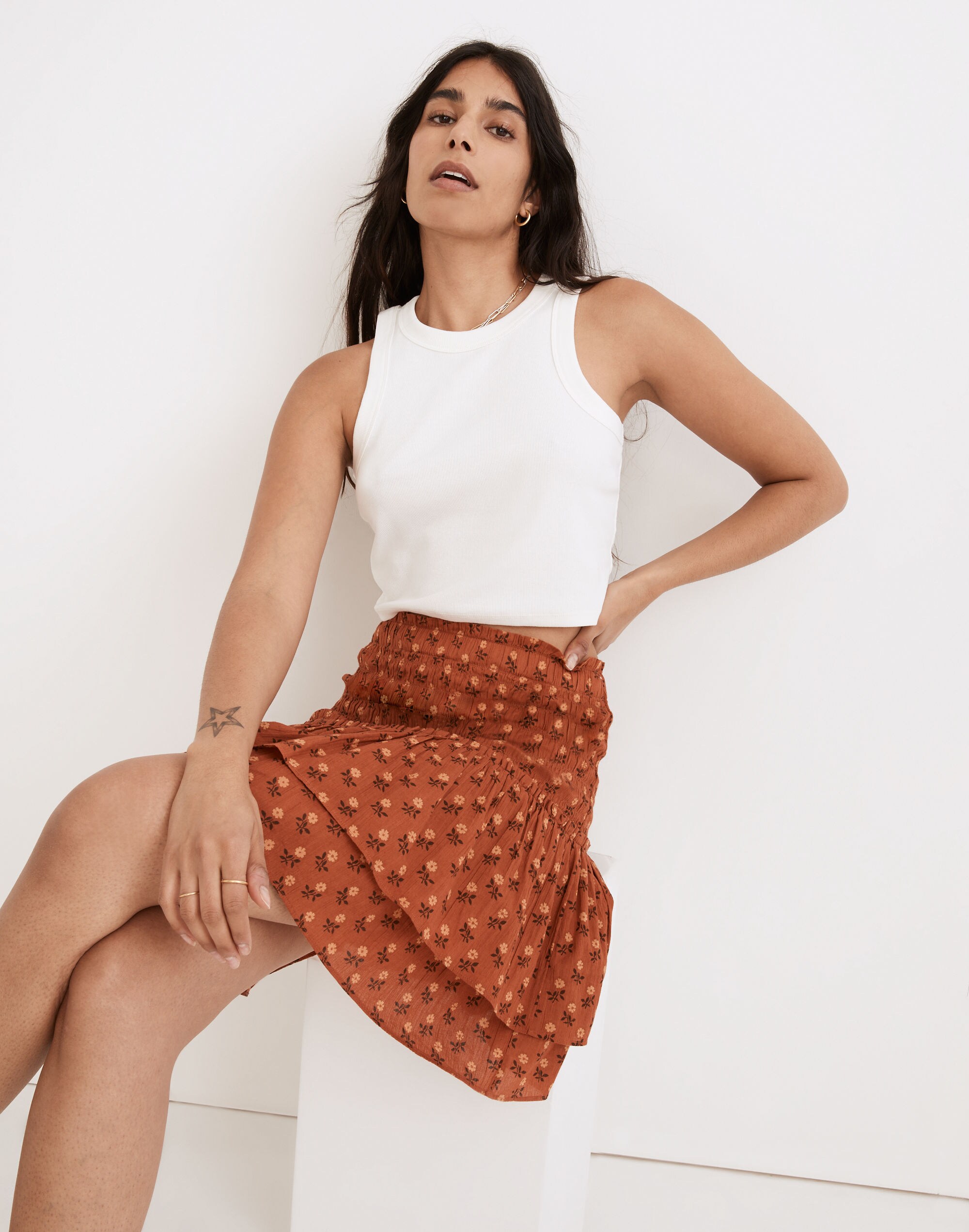 Smocked Pull-On Tiered Mini Skirt in Wild Calendula Block-Print