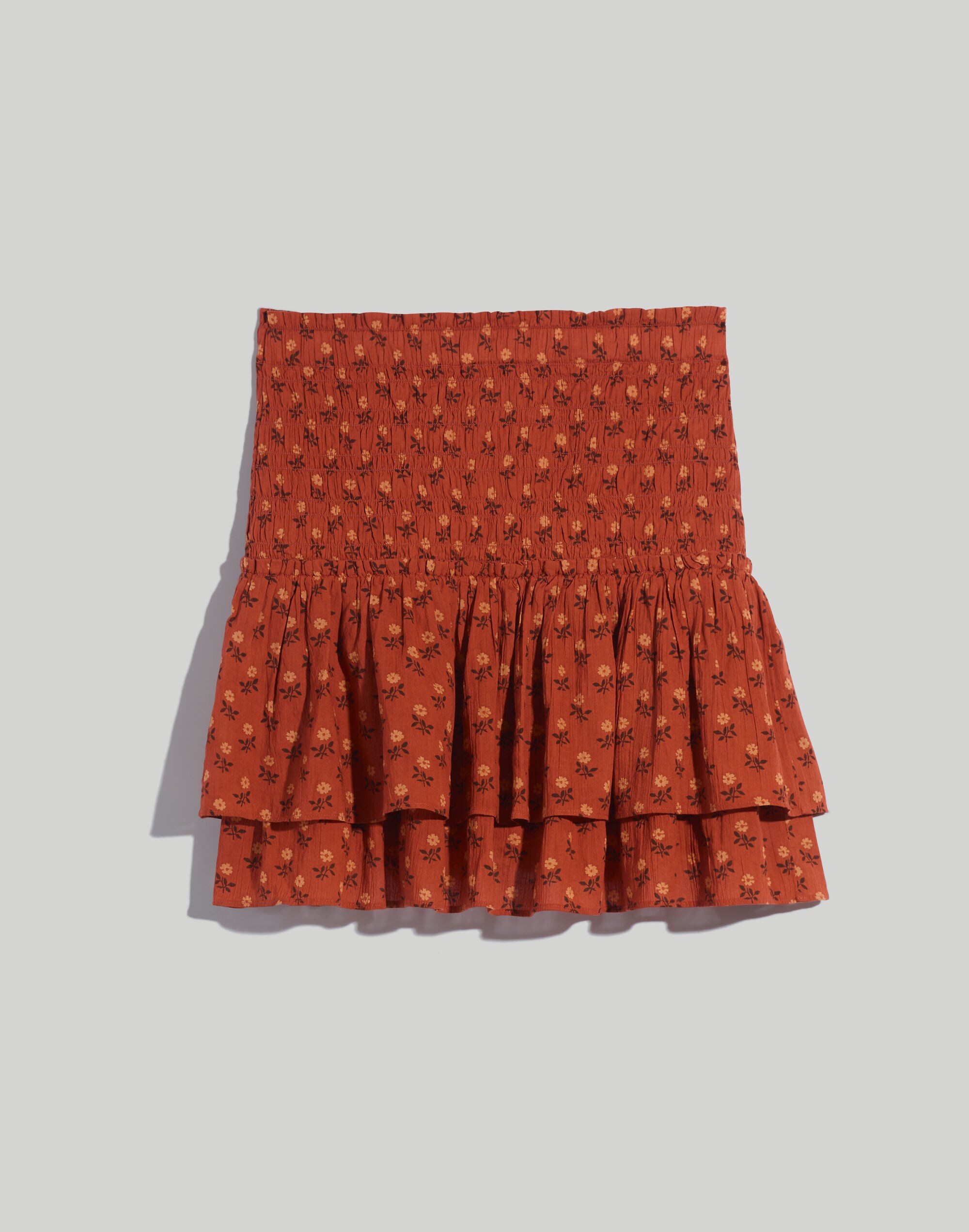 Smocked Pull-On Tiered Mini Skirt in Wild Calendula Block-Print