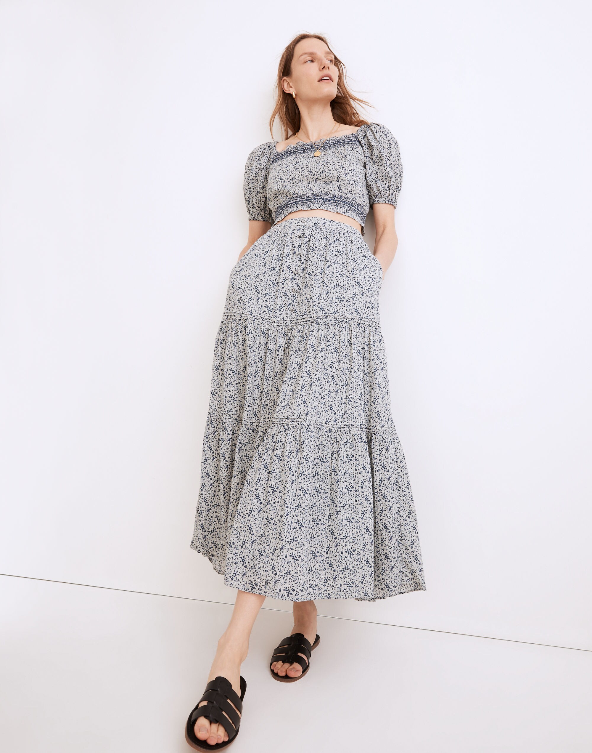 Button-Front Tiered Maxi Skirt in Florentine Floral