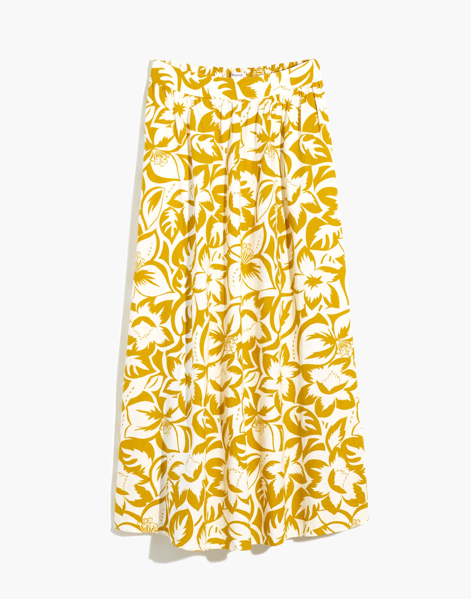 Linen-Blend Shirred Maxi Skirt in Tropicale Floral