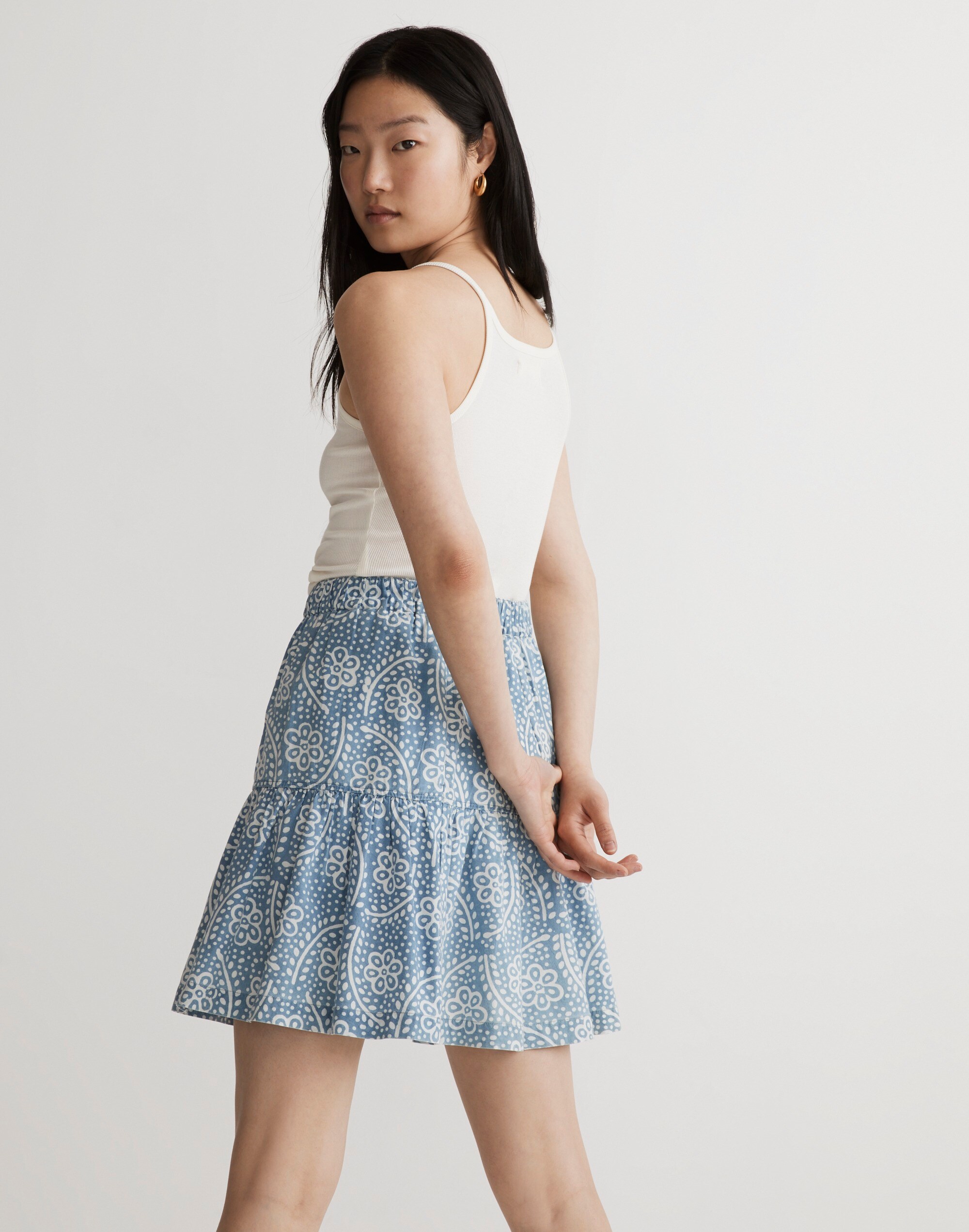 Pull-On Ruffled Mini Skirt in Indigo Floral