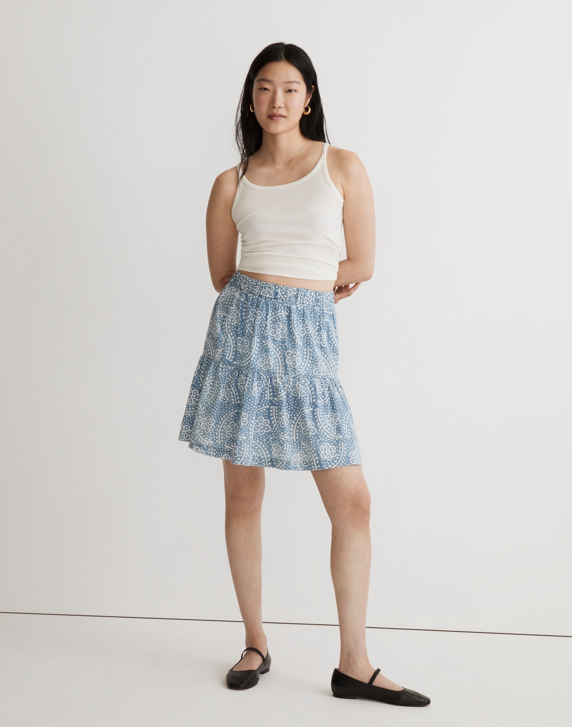 Pull-On Ruffled Mini Skirt in Indigo Floral