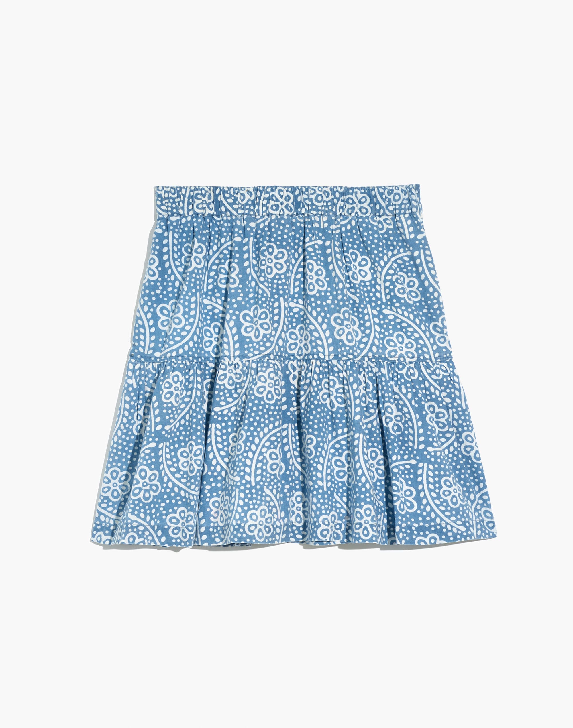 Pull-On Ruffled Mini Skirt in Indigo Floral