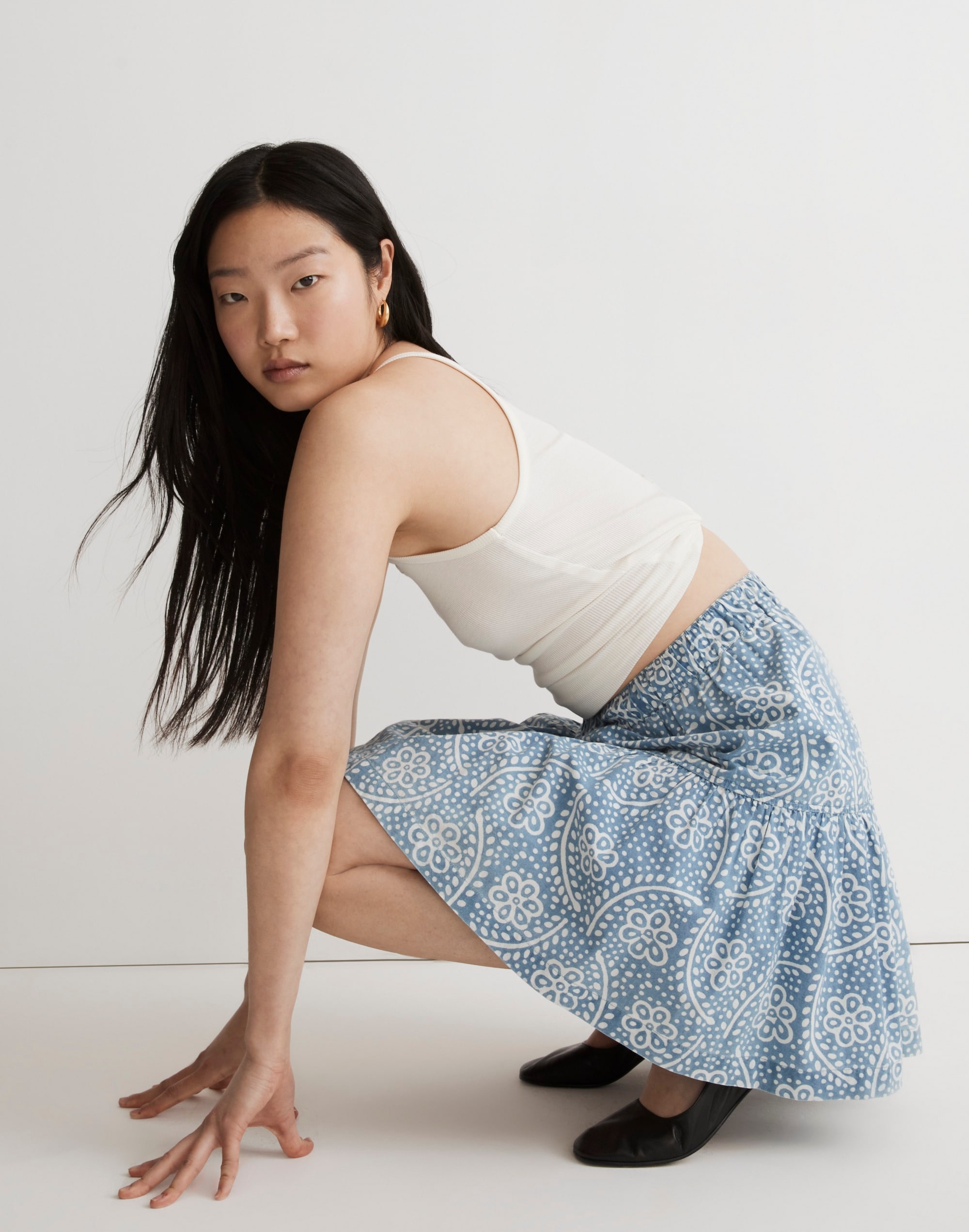 Pull-On Ruffled Mini Skirt in Indigo Floral