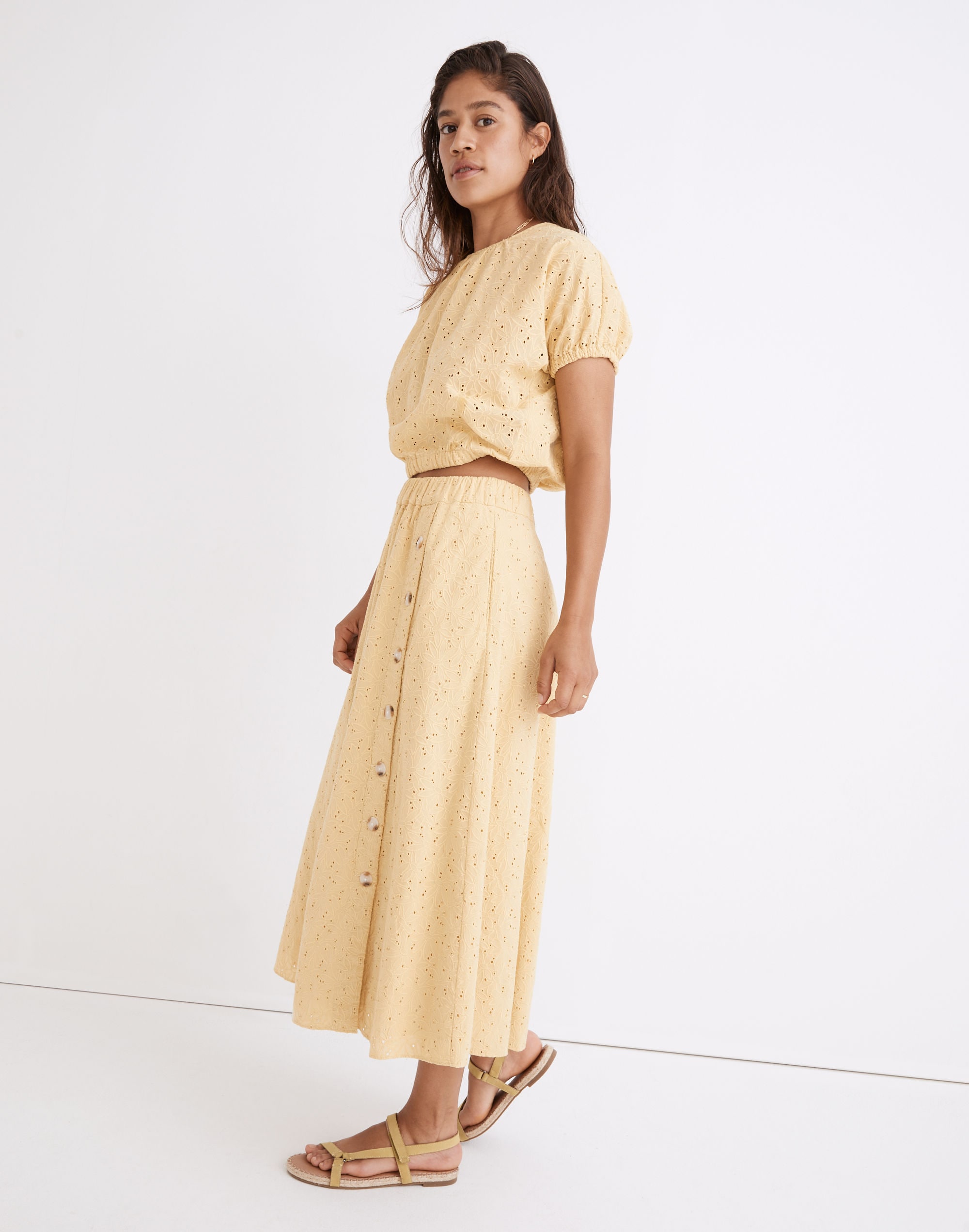 Eyelet Side-Button Midi Skirt in Dream-On Daisy