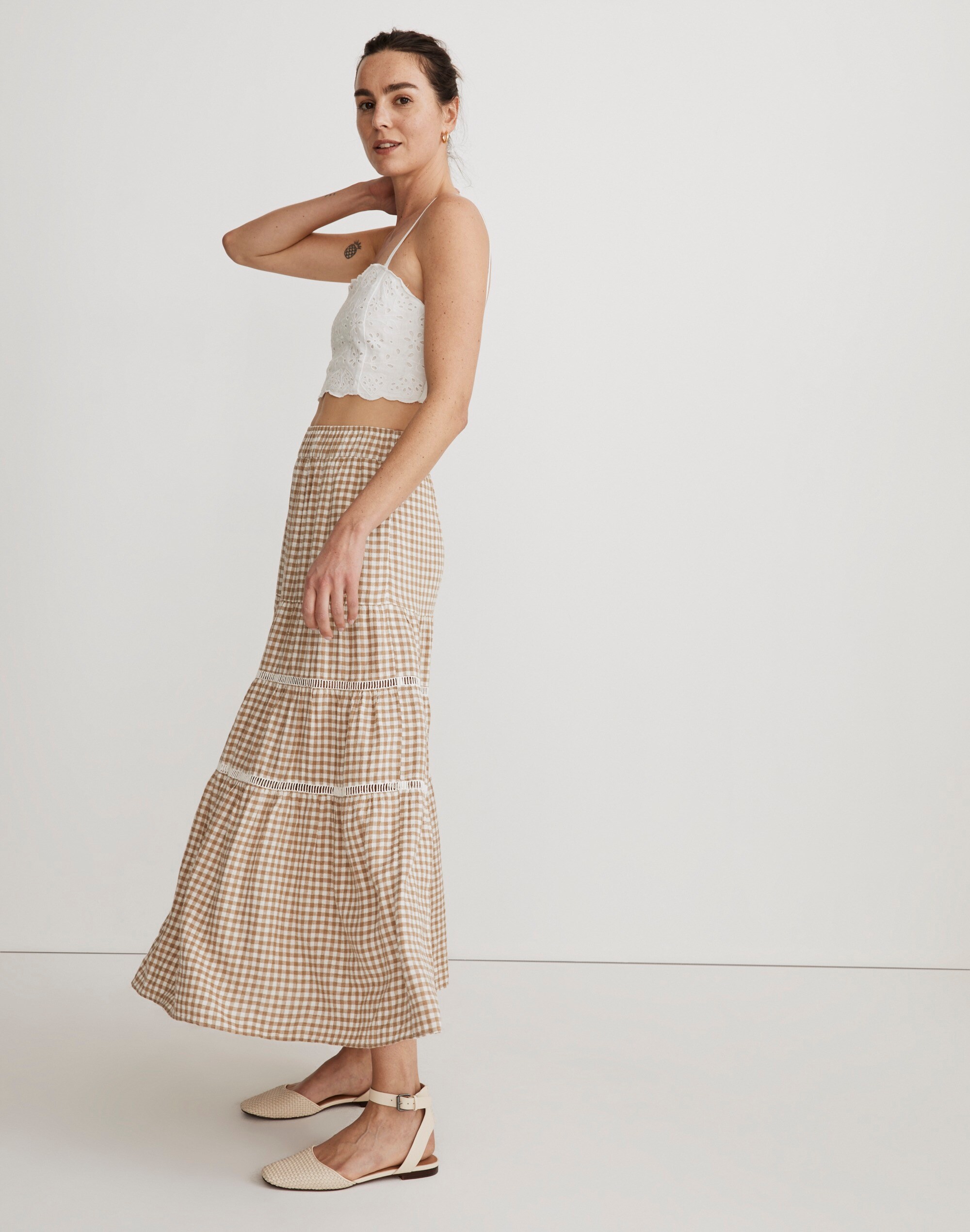 Linen-Blend Eyelet-Trim Tiered Maxi Skirt
