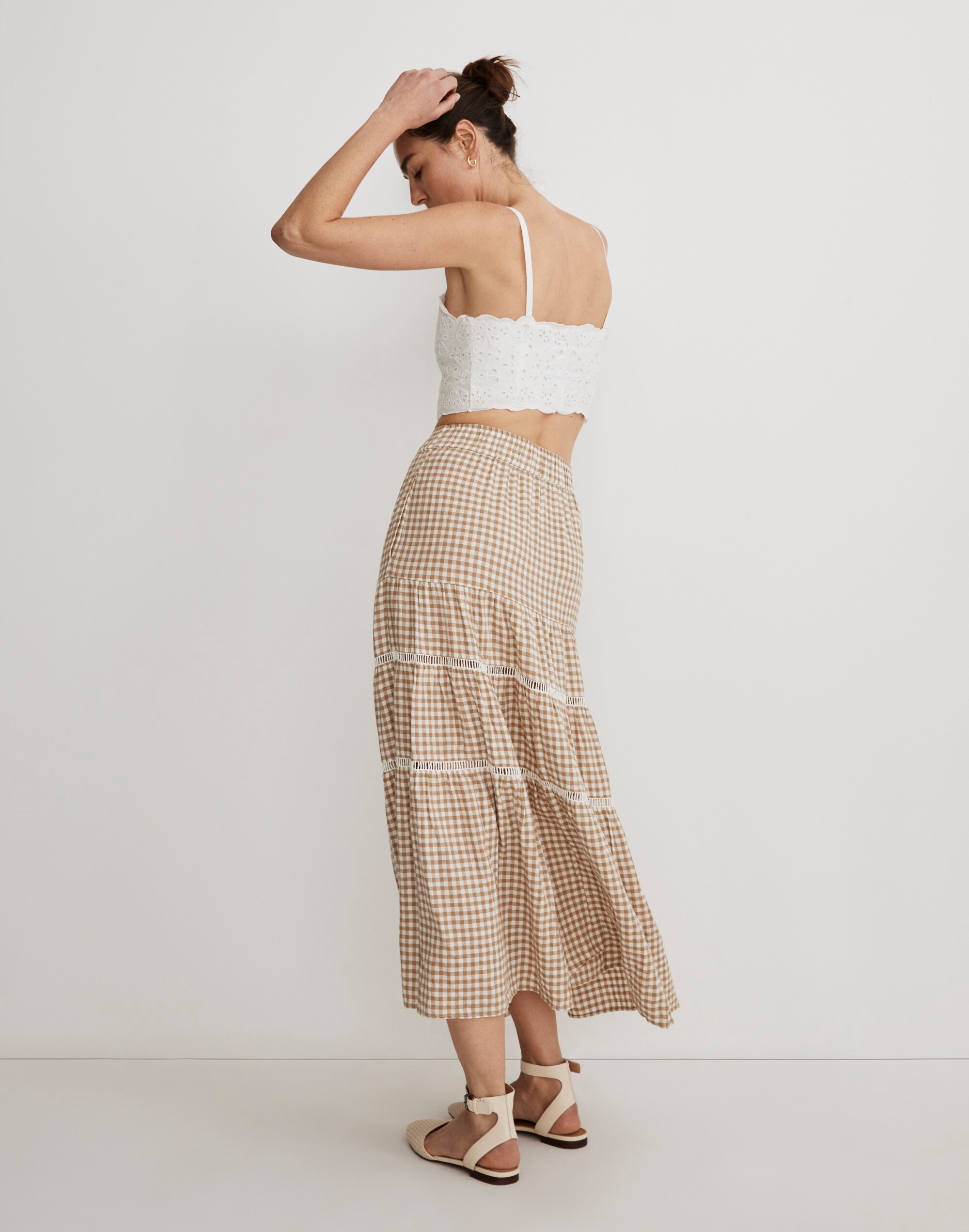 Linen-Blend Eyelet-Trim Tiered Maxi Skirt