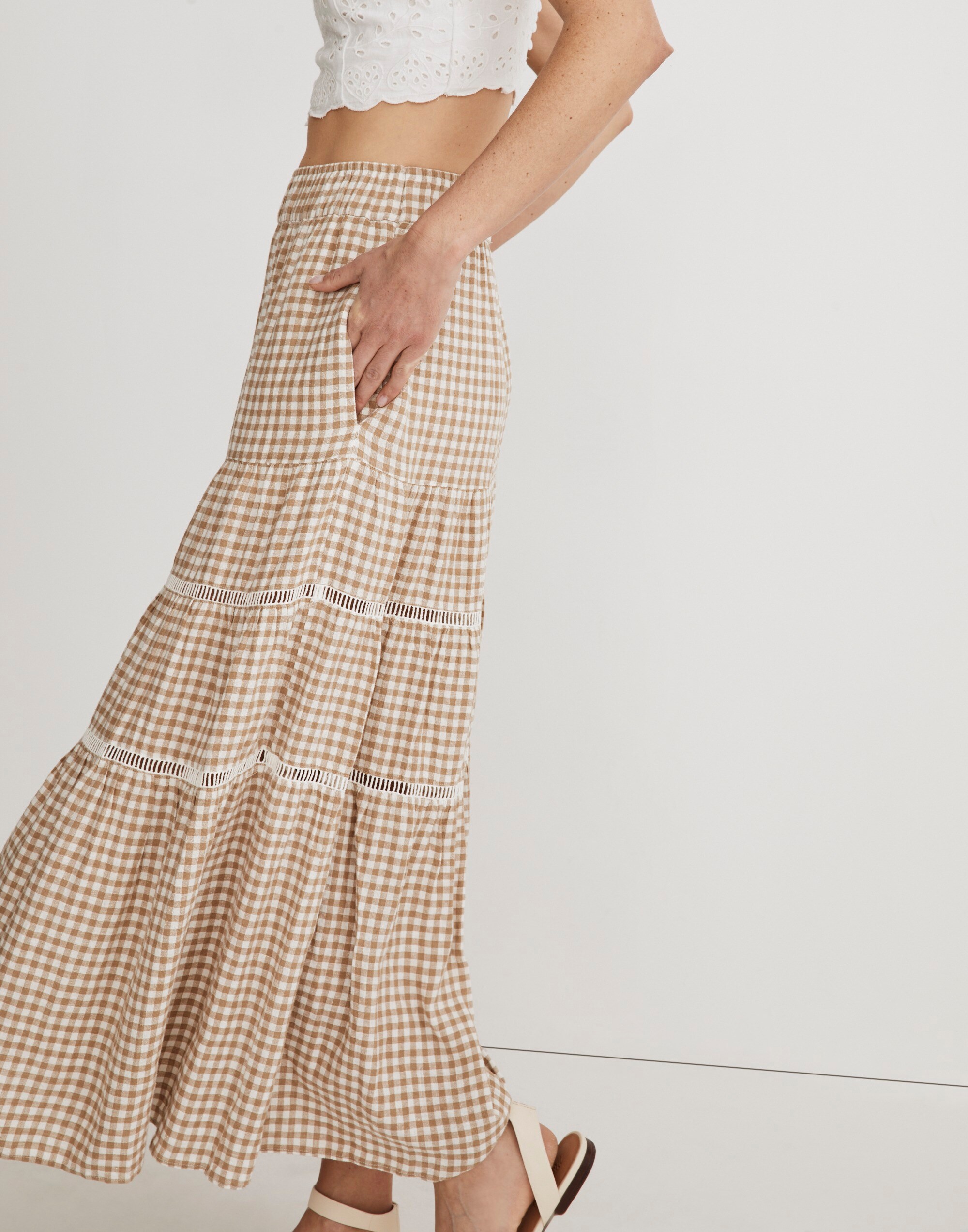 Linen-Blend Eyelet-Trim Tiered Maxi Skirt
