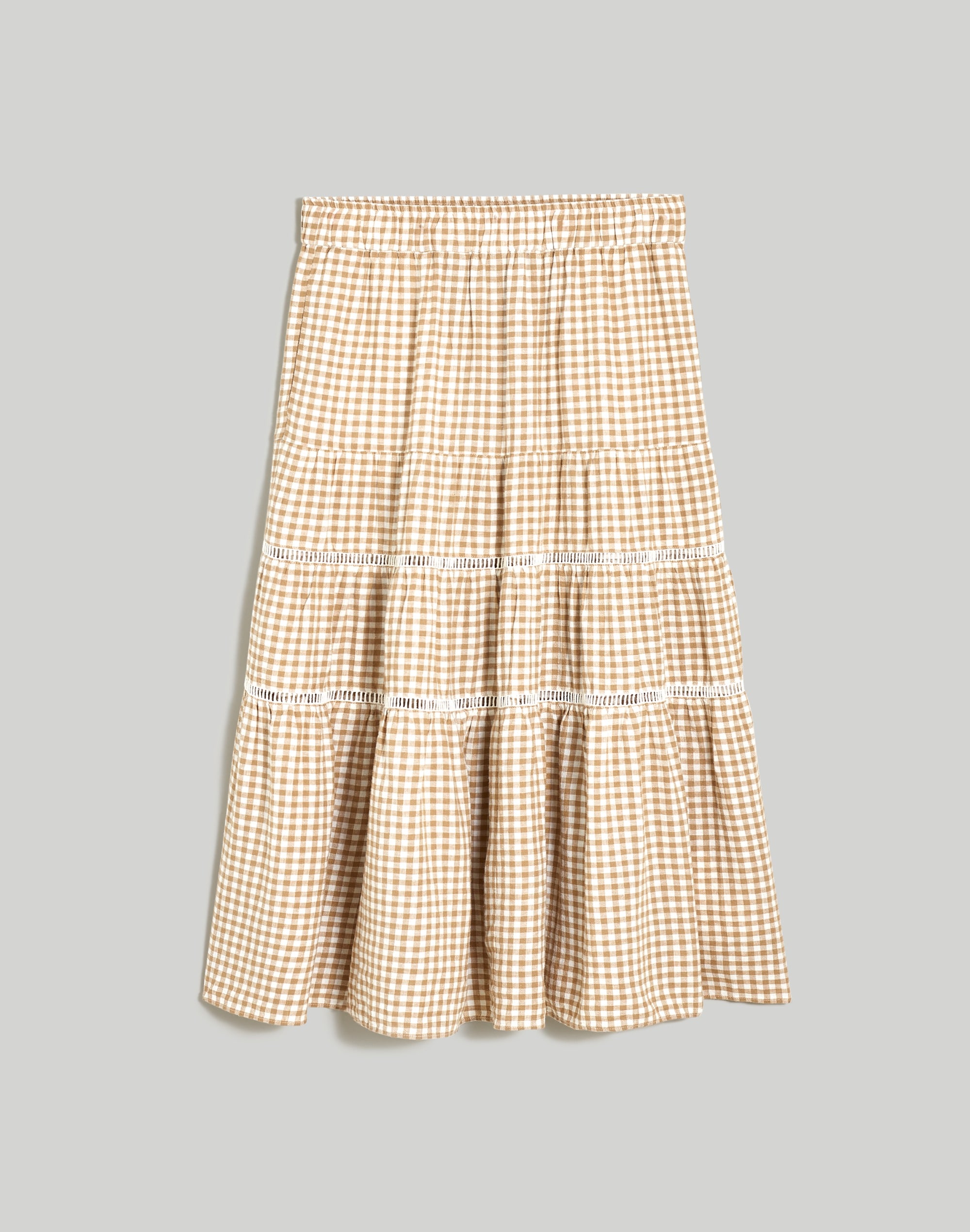 Linen-Blend Eyelet-Trim Tiered Maxi Skirt