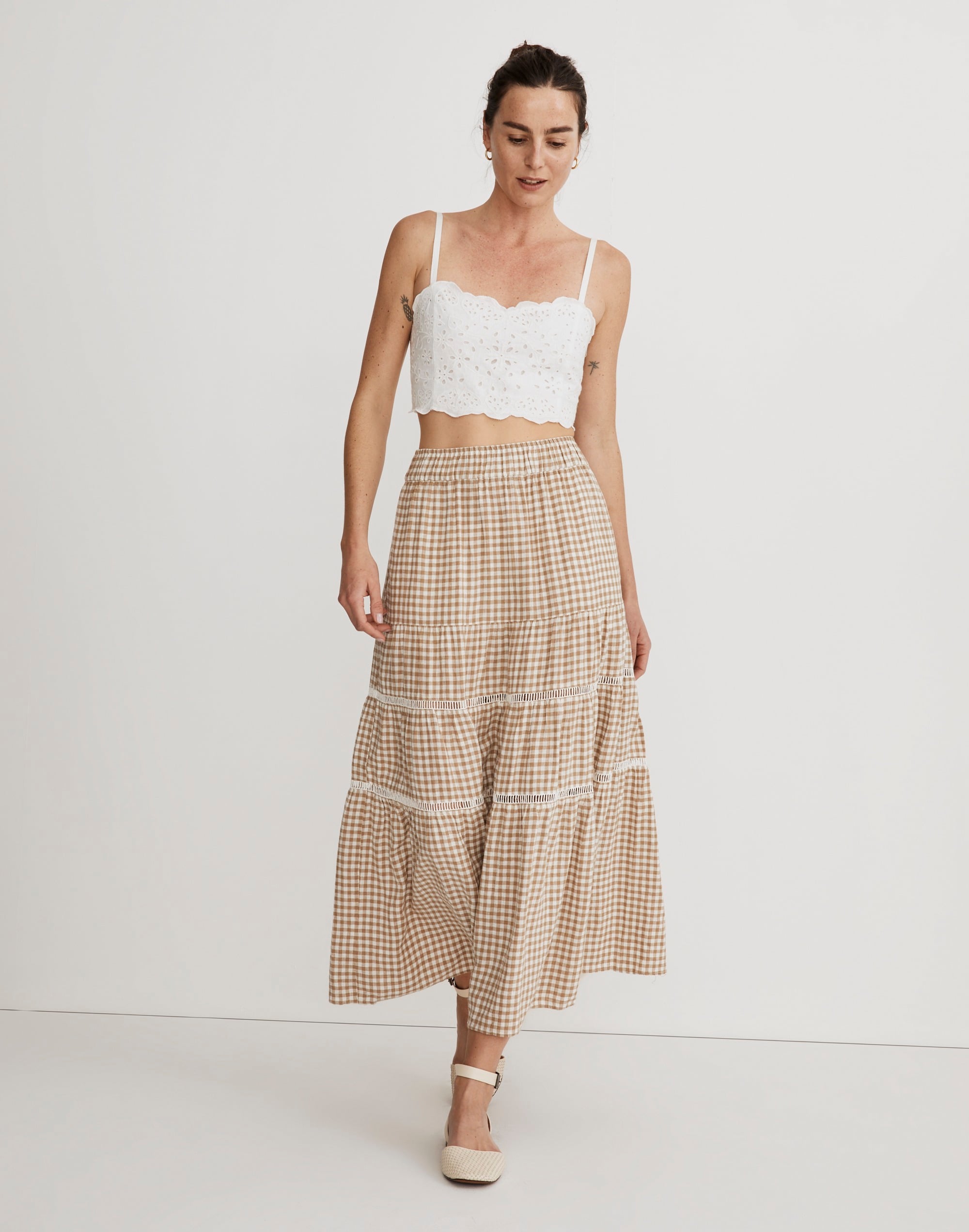 Linen-Blend Eyelet-Trim Tiered Maxi Skirt