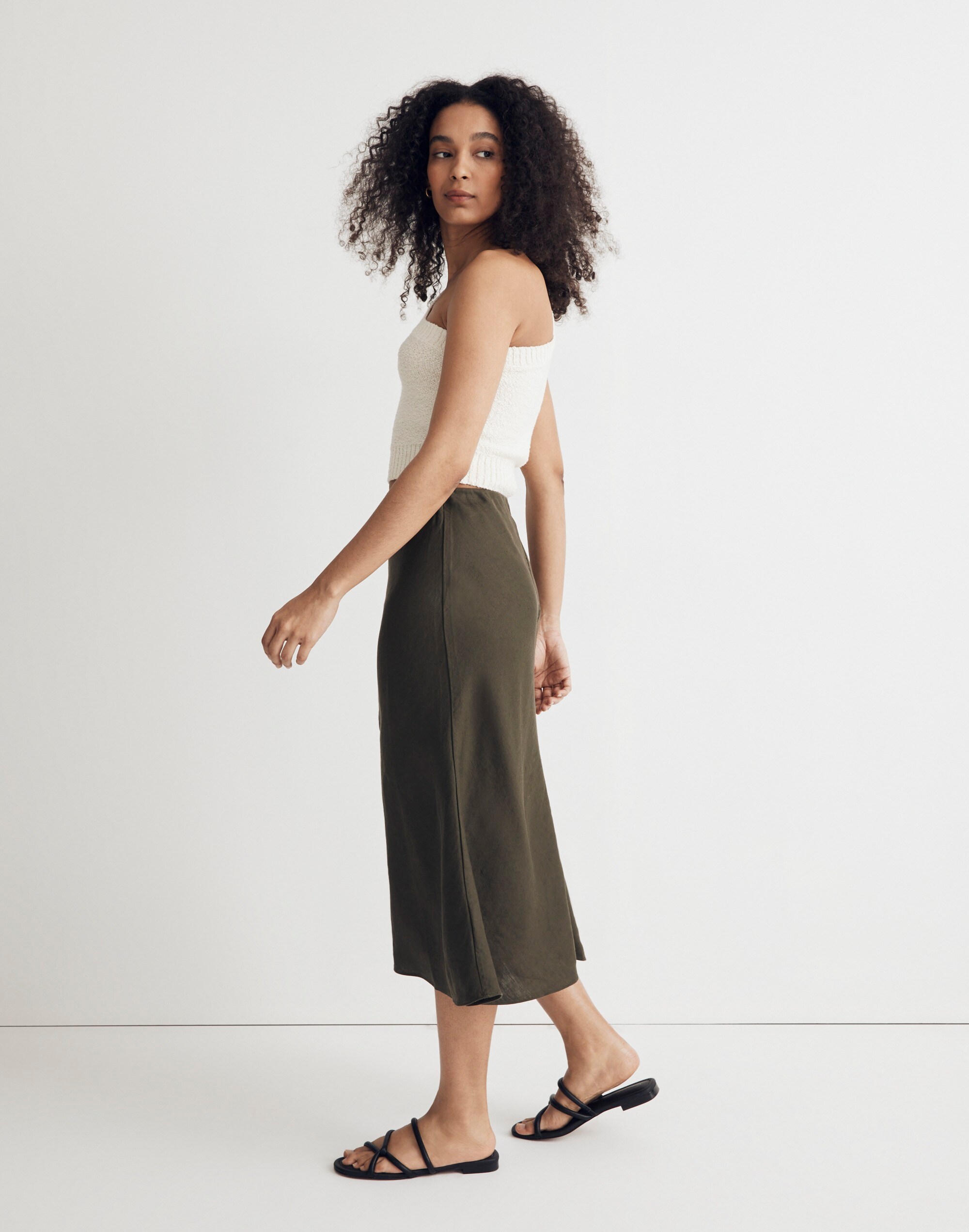 Linen-Blend Midi Slip Skirt
