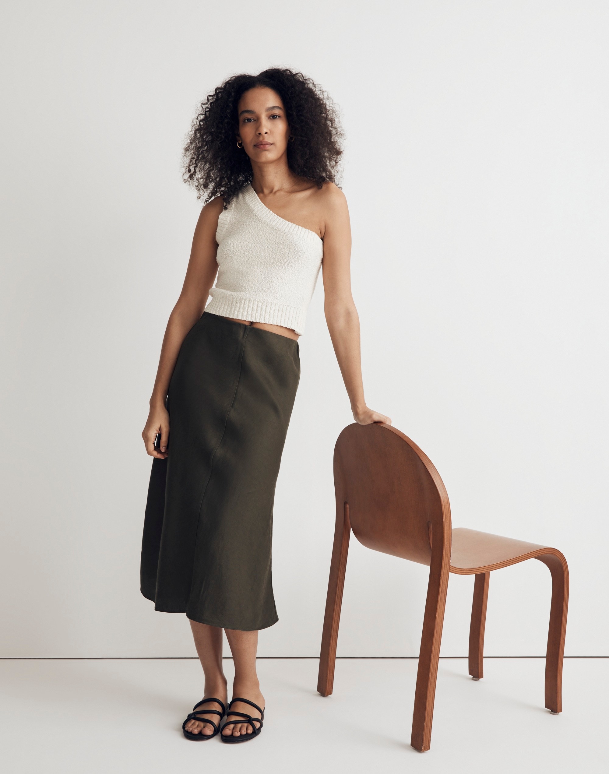 Linen-Blend Midi Slip Skirt