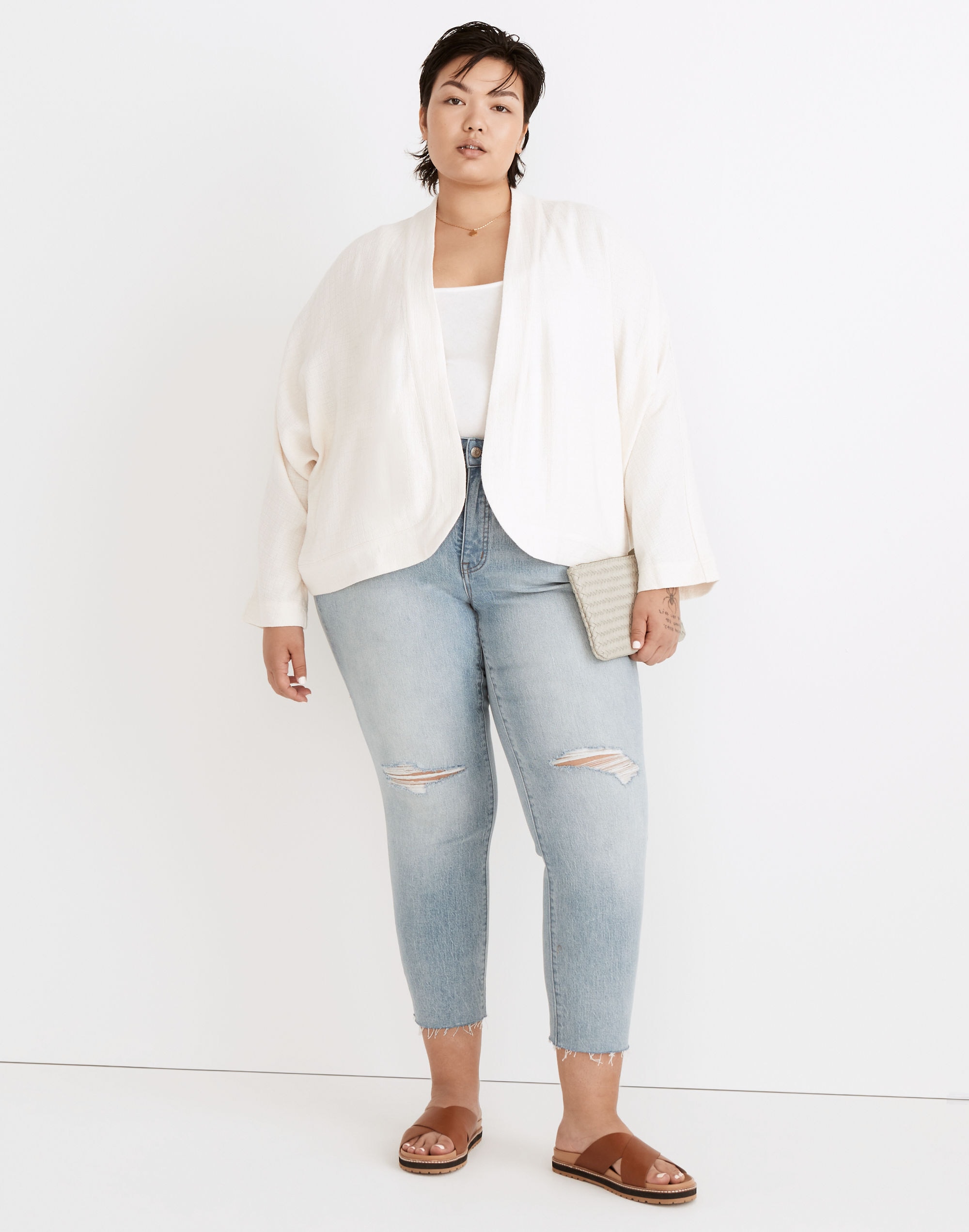 Plus Linen-Blend Cropped Robe Jacket