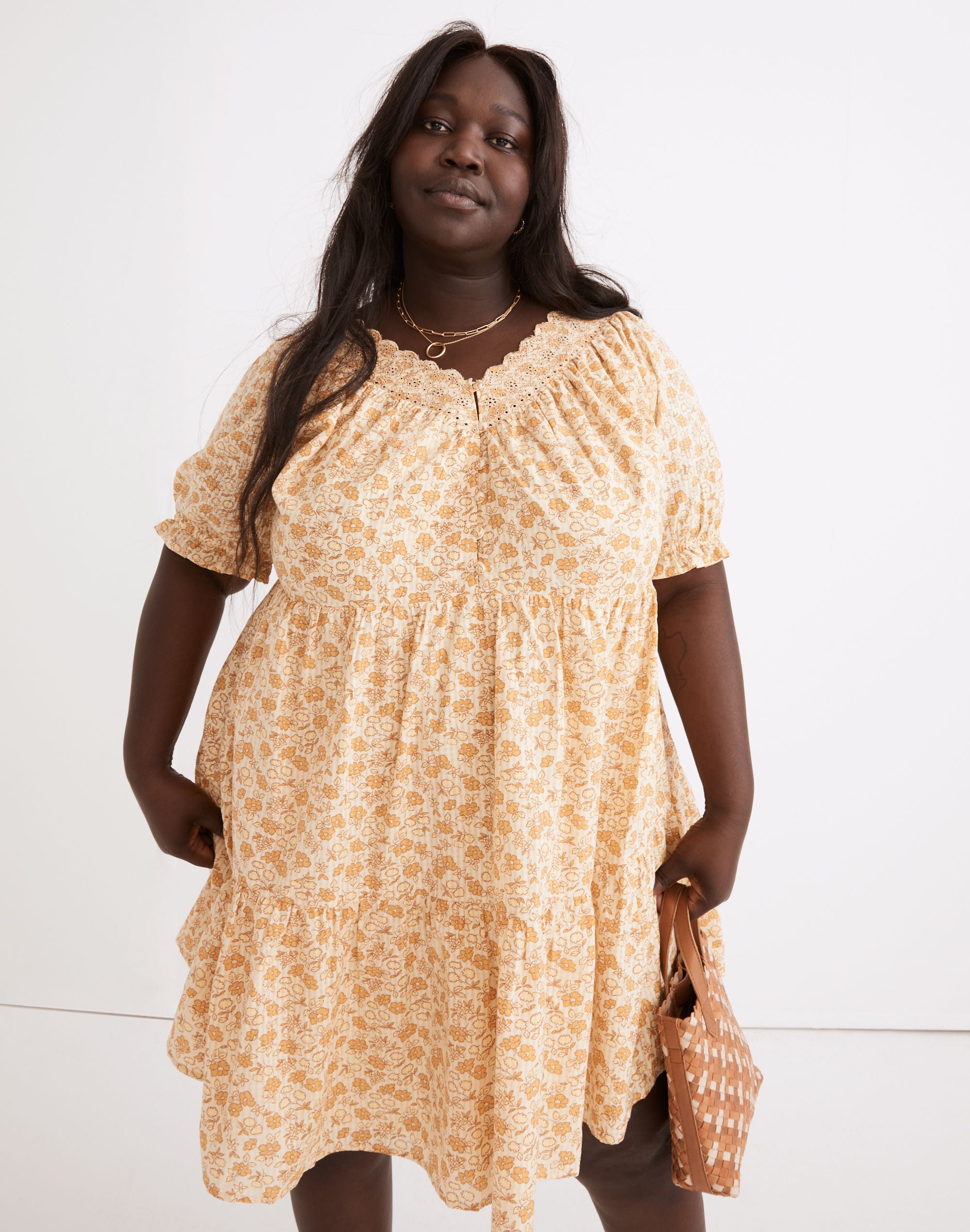 Plus Eyelet-Trim Tiered Mini Dress in Piccola Floral