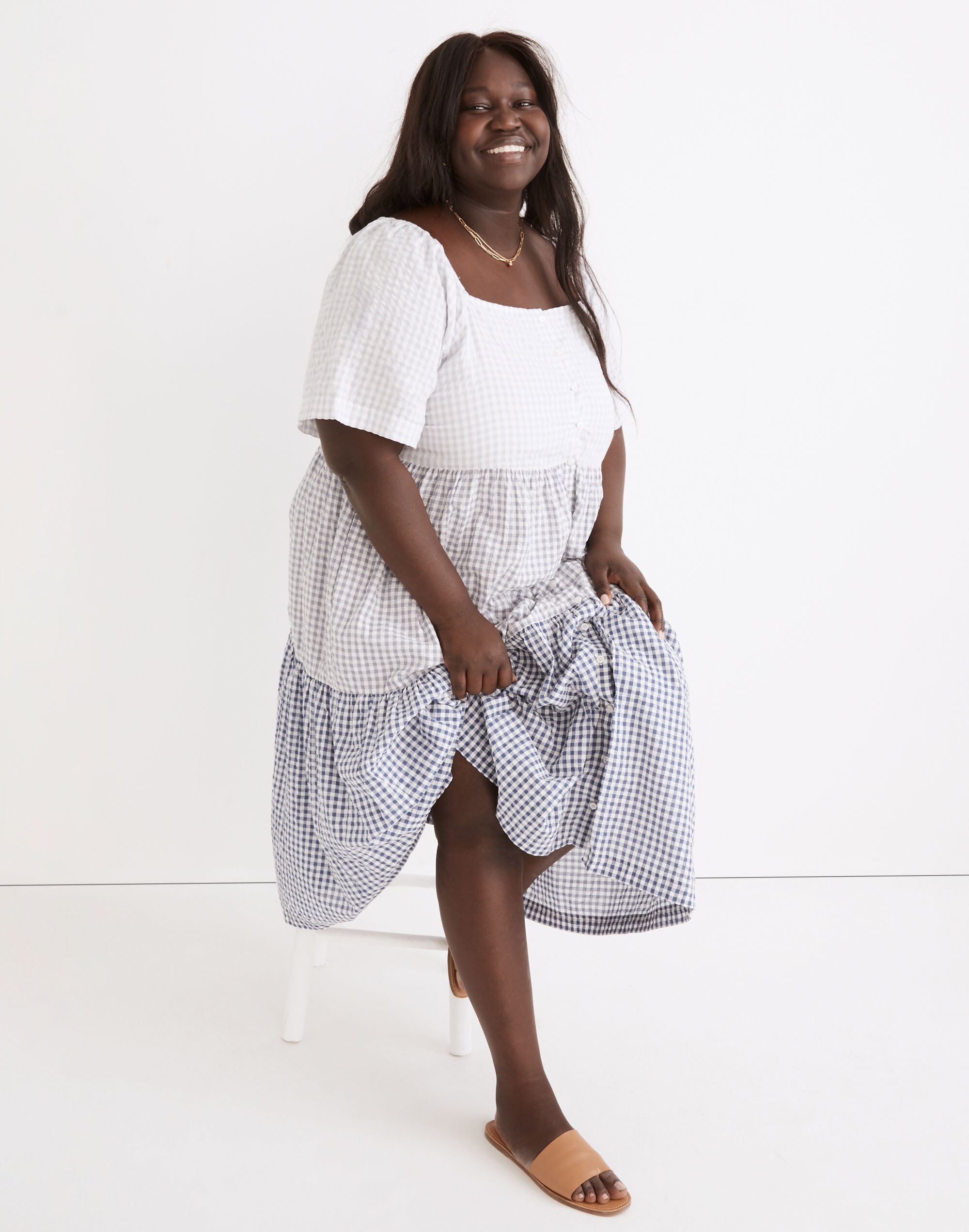 Plus Patchwork Gingham Button-Front Tiered Midi Dress