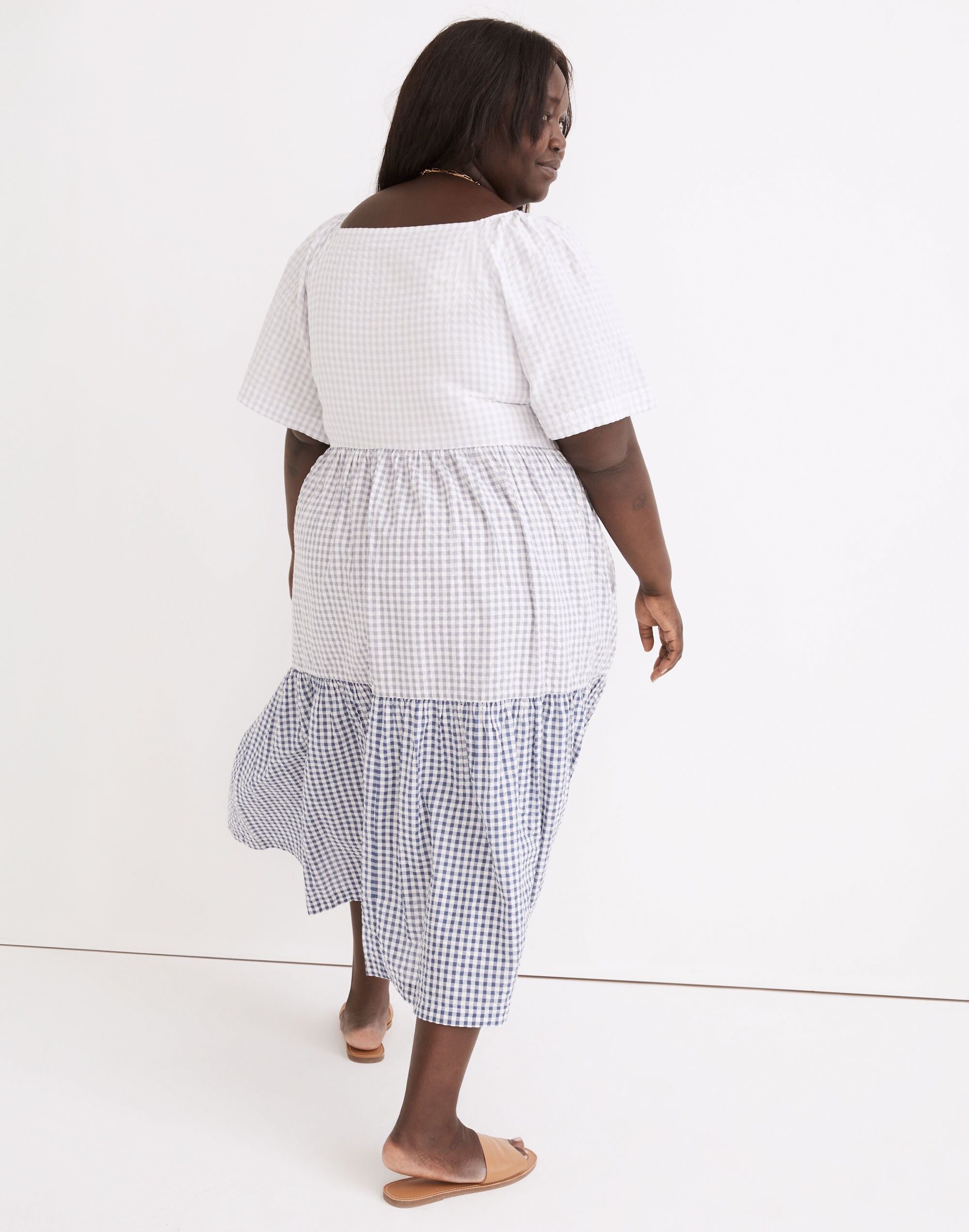 Plus Patchwork Gingham Button-Front Tiered Midi Dress