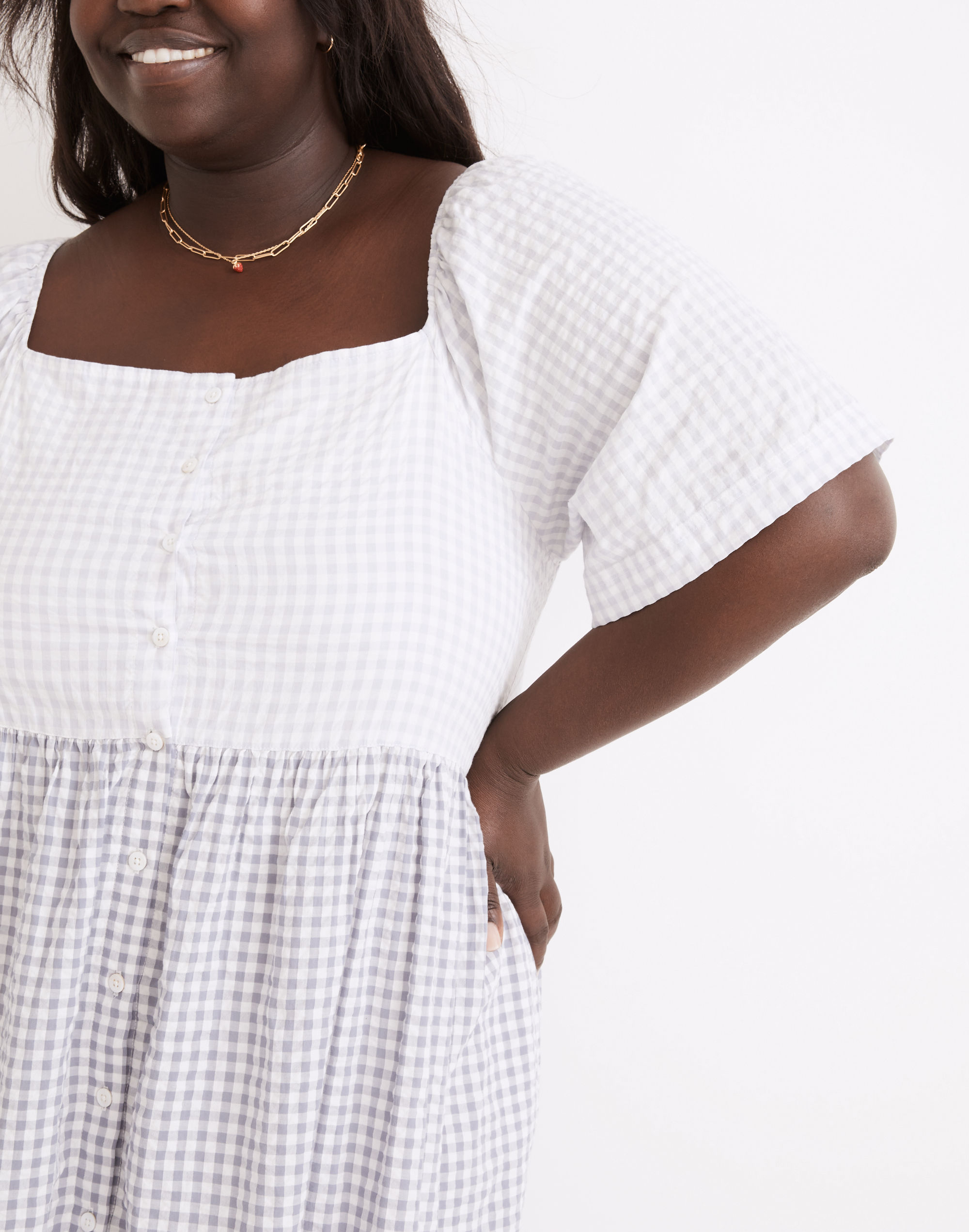 Plus Patchwork Gingham Button-Front Tiered Midi Dress