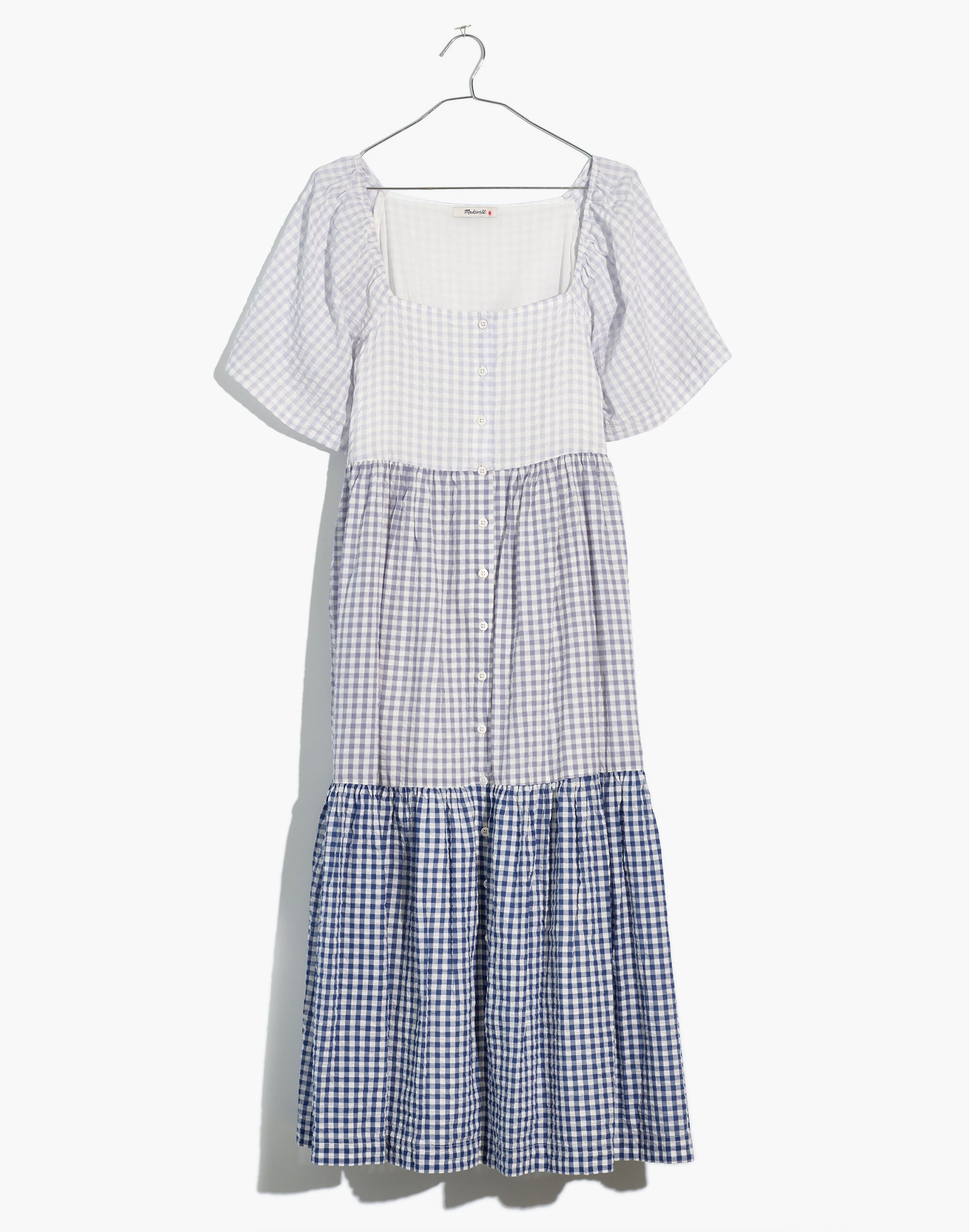 Plus Patchwork Gingham Button-Front Tiered Midi Dress