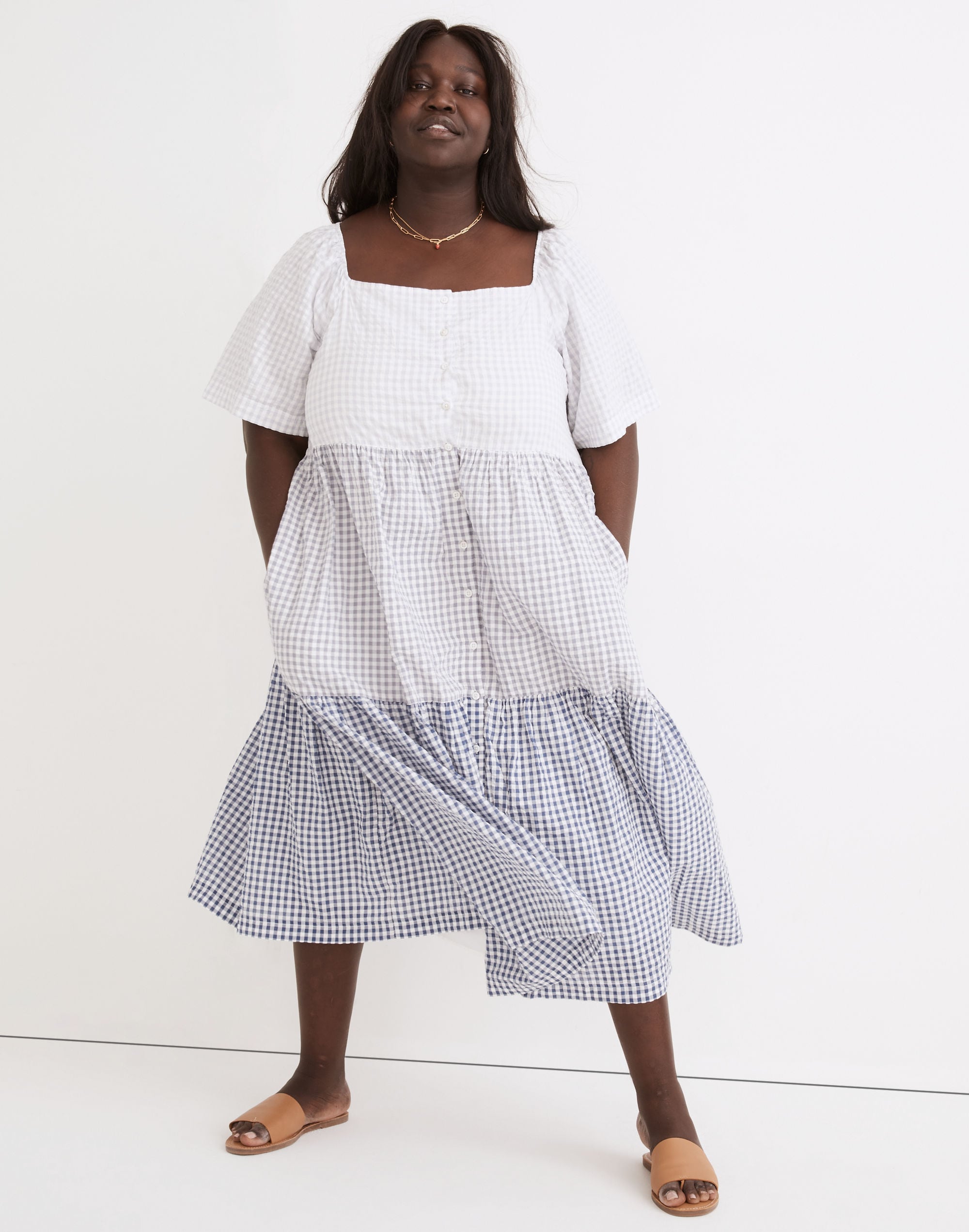 Plus Patchwork Gingham Button-Front Tiered Midi Dress