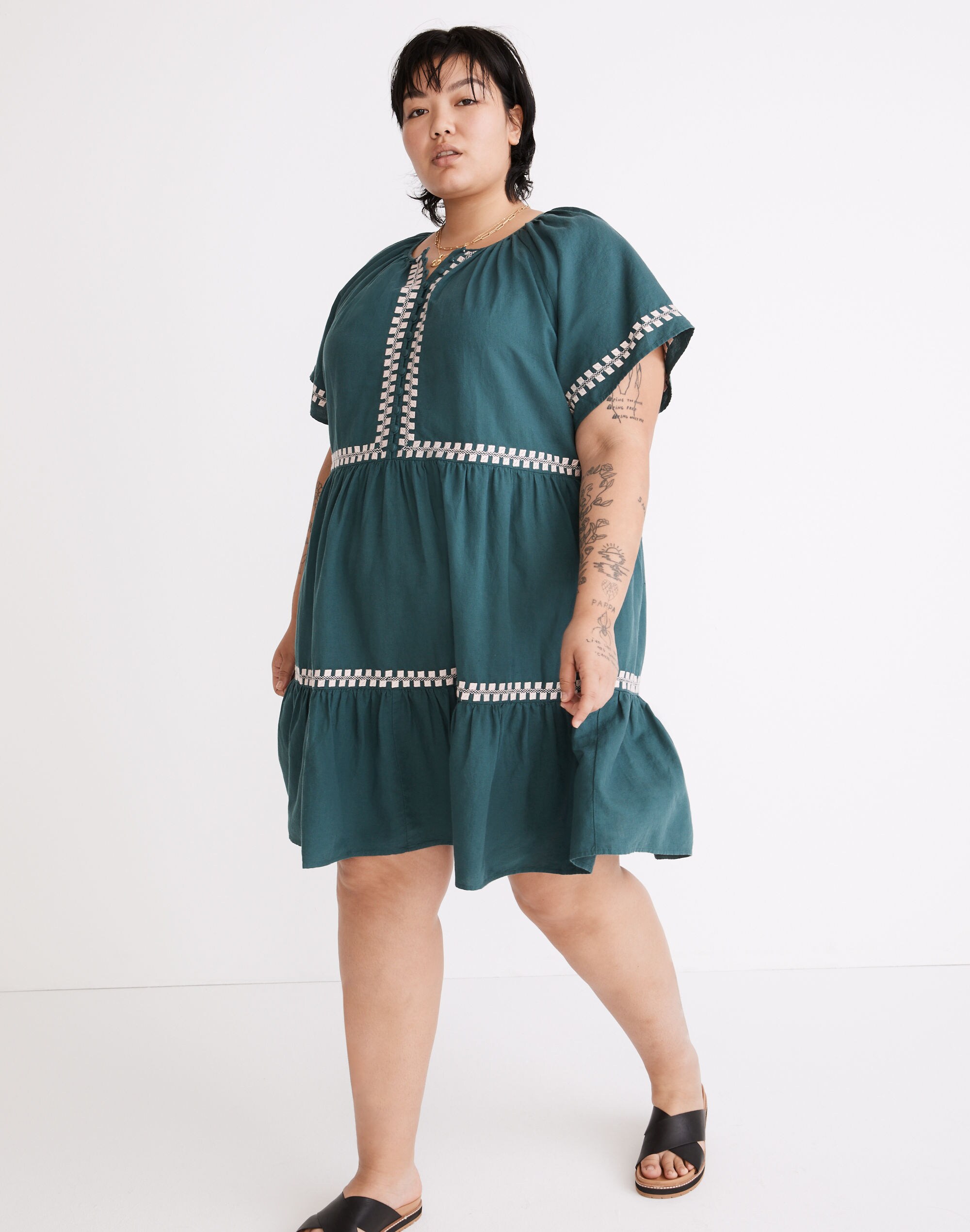 Plus Embroidered Linen-Blend Flutter-Sleeve Mini Dress