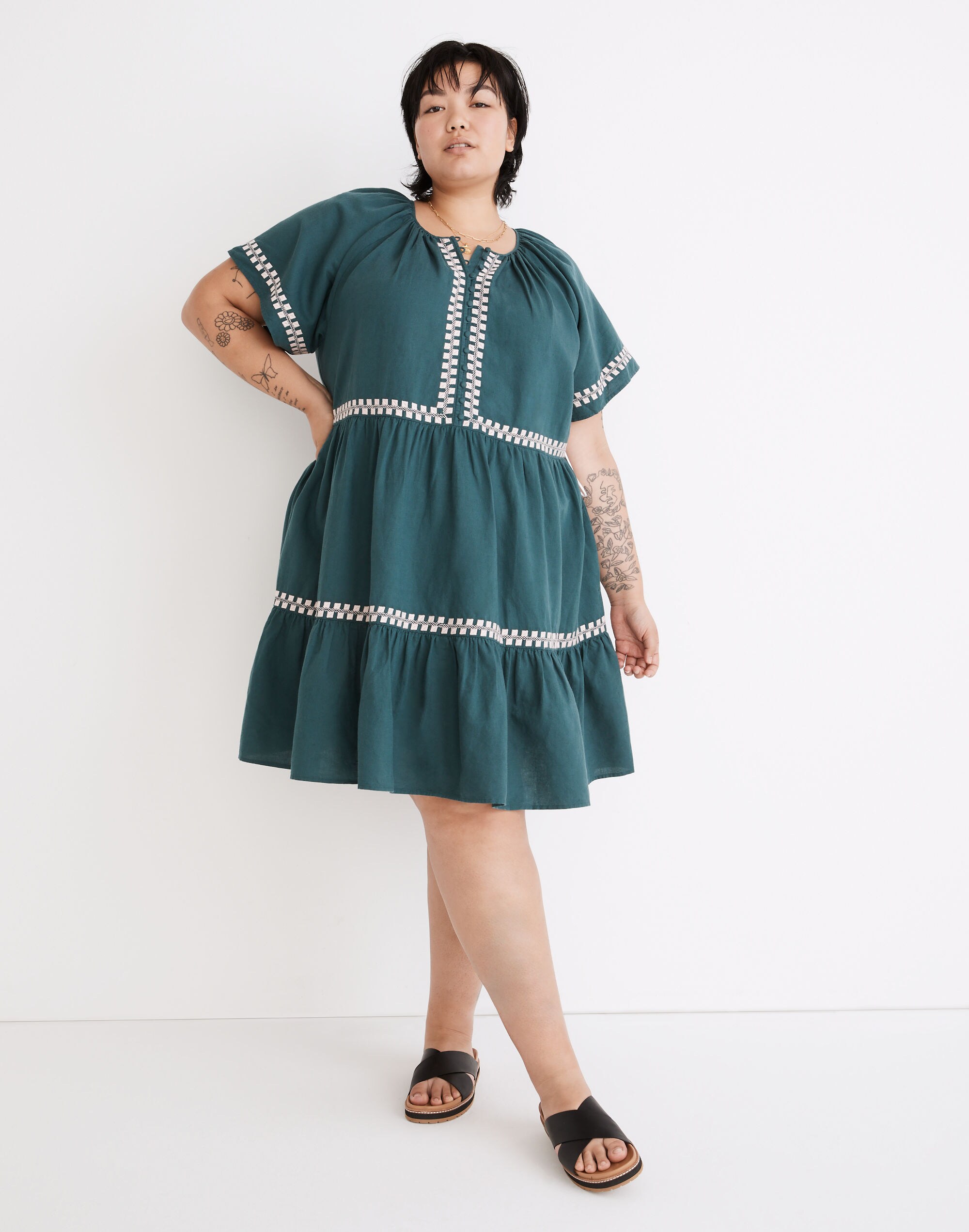 Plus Embroidered Linen-Blend Flutter-Sleeve Mini Dress