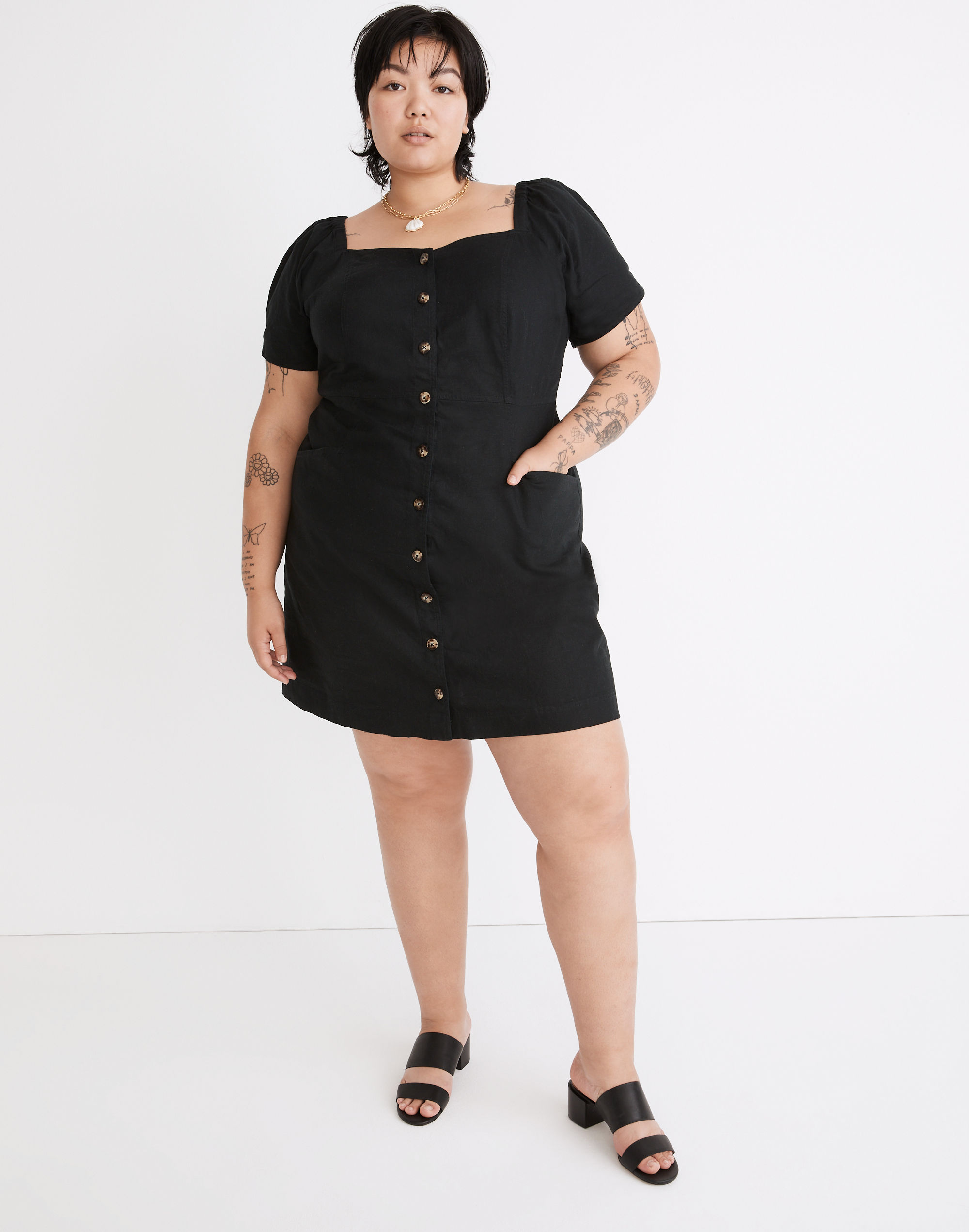 Plus Linen-Cotton Puff-Sleeve Mini Dress