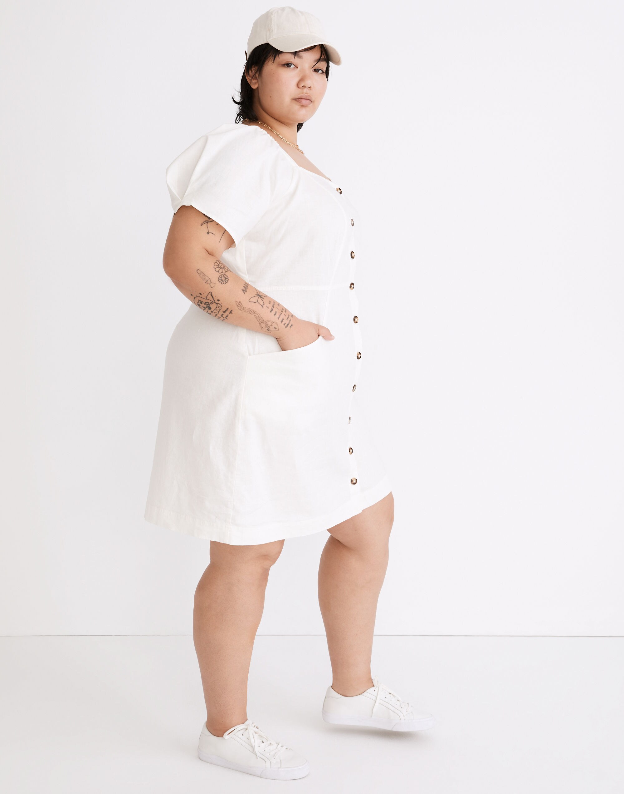 Plus Linen-Cotton Puff-Sleeve Mini Dress