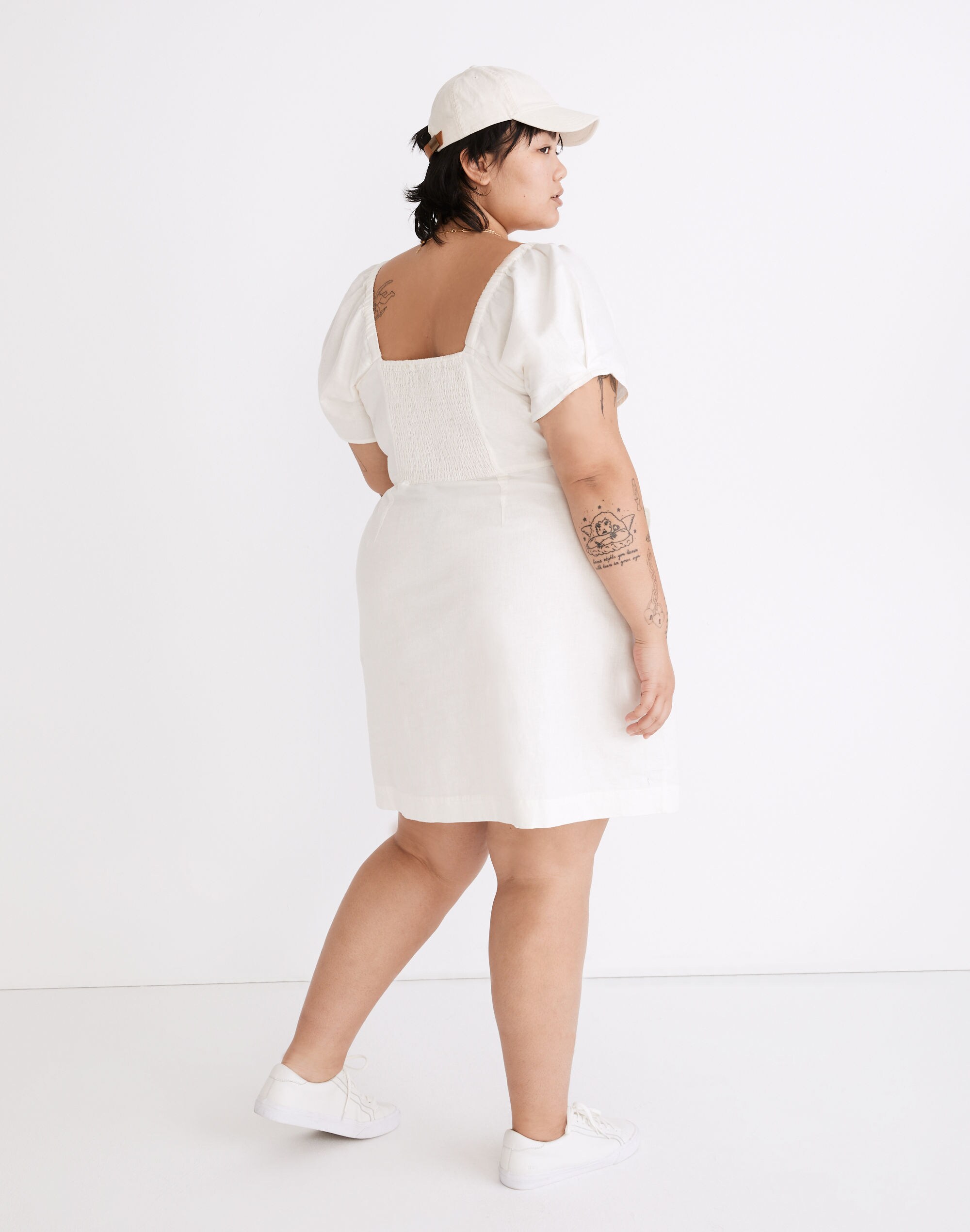 Plus Linen-Cotton Puff-Sleeve Mini Dress