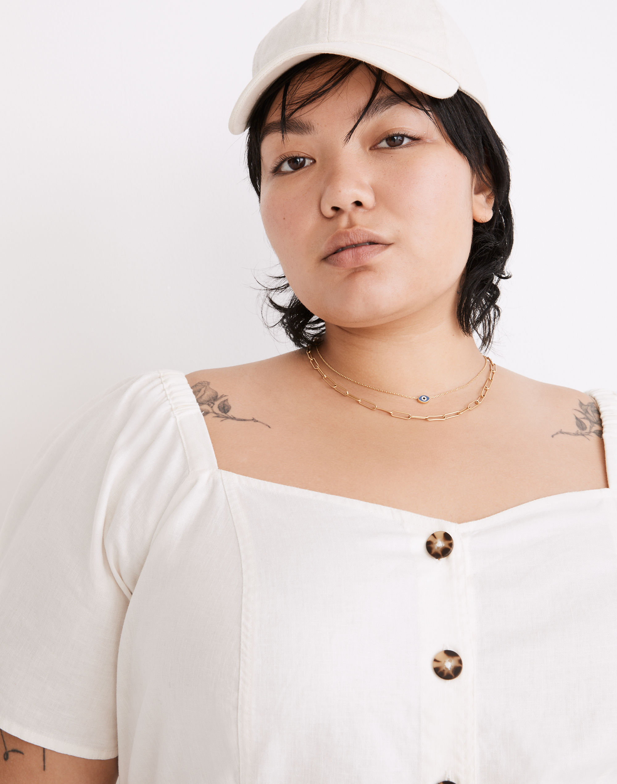 Plus Linen-Cotton Puff-Sleeve Mini Dress