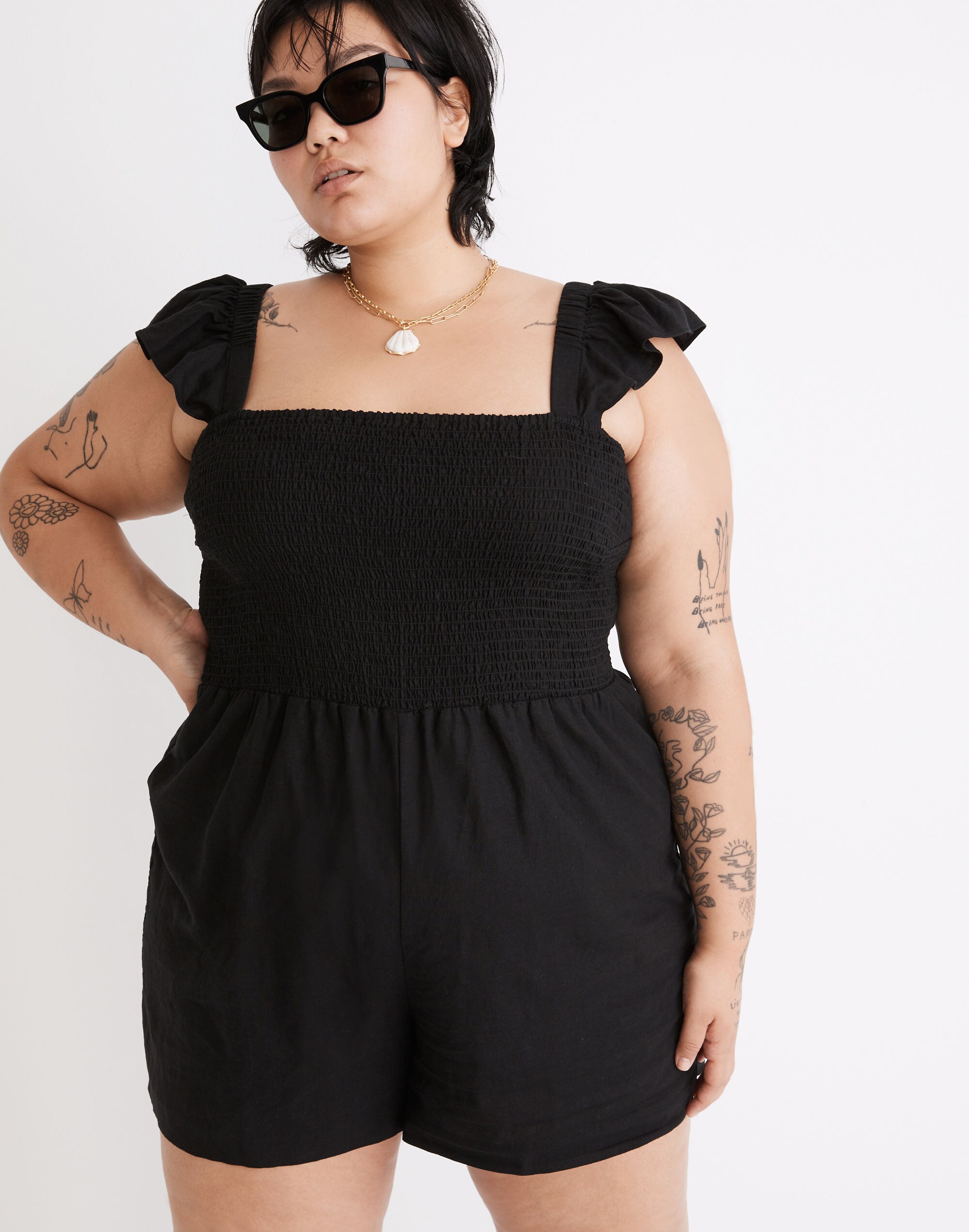 Plus Linen-Blend Lucie Smocked Romper