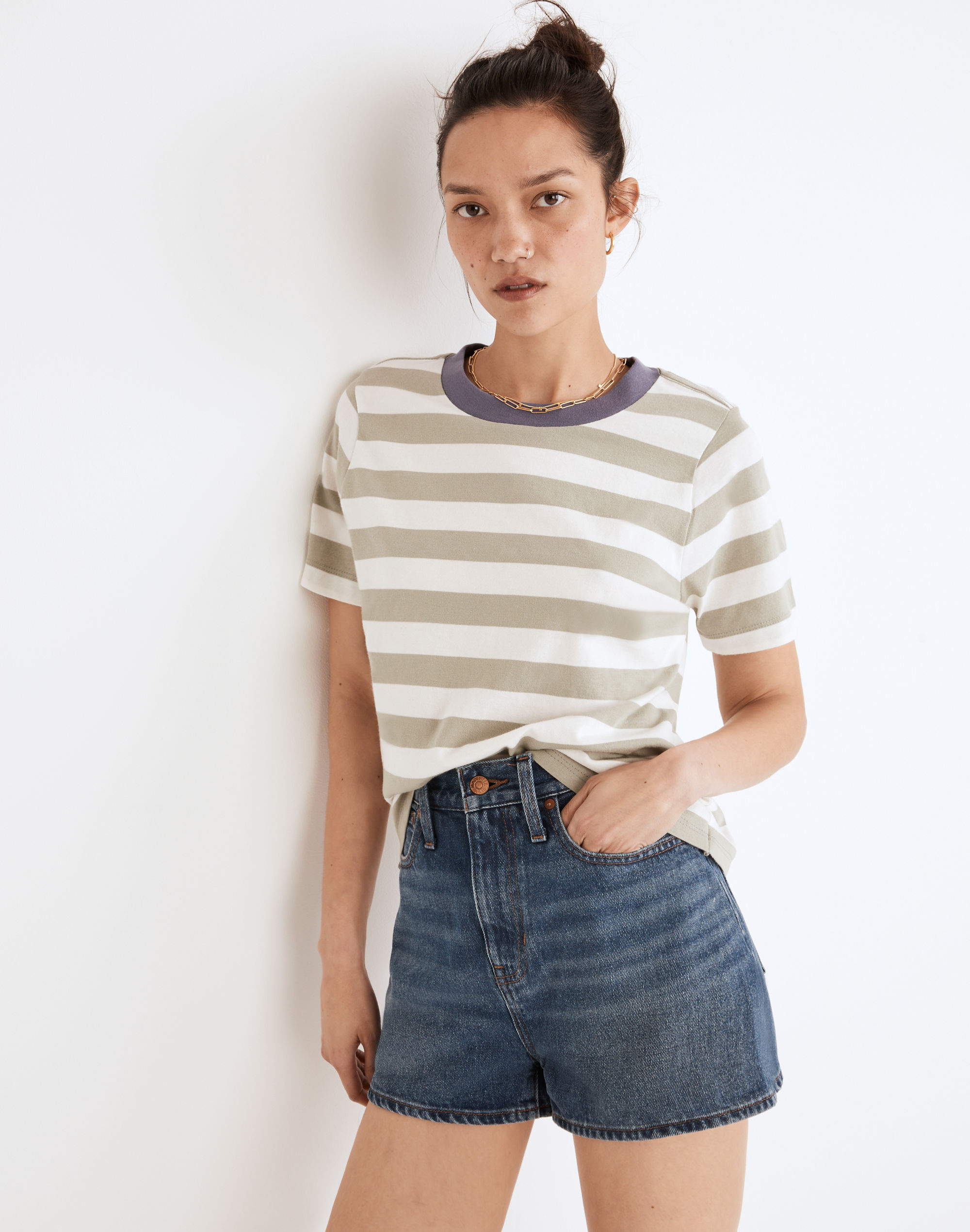 supima&reg; cotton essential ringer tee in johnson stripe