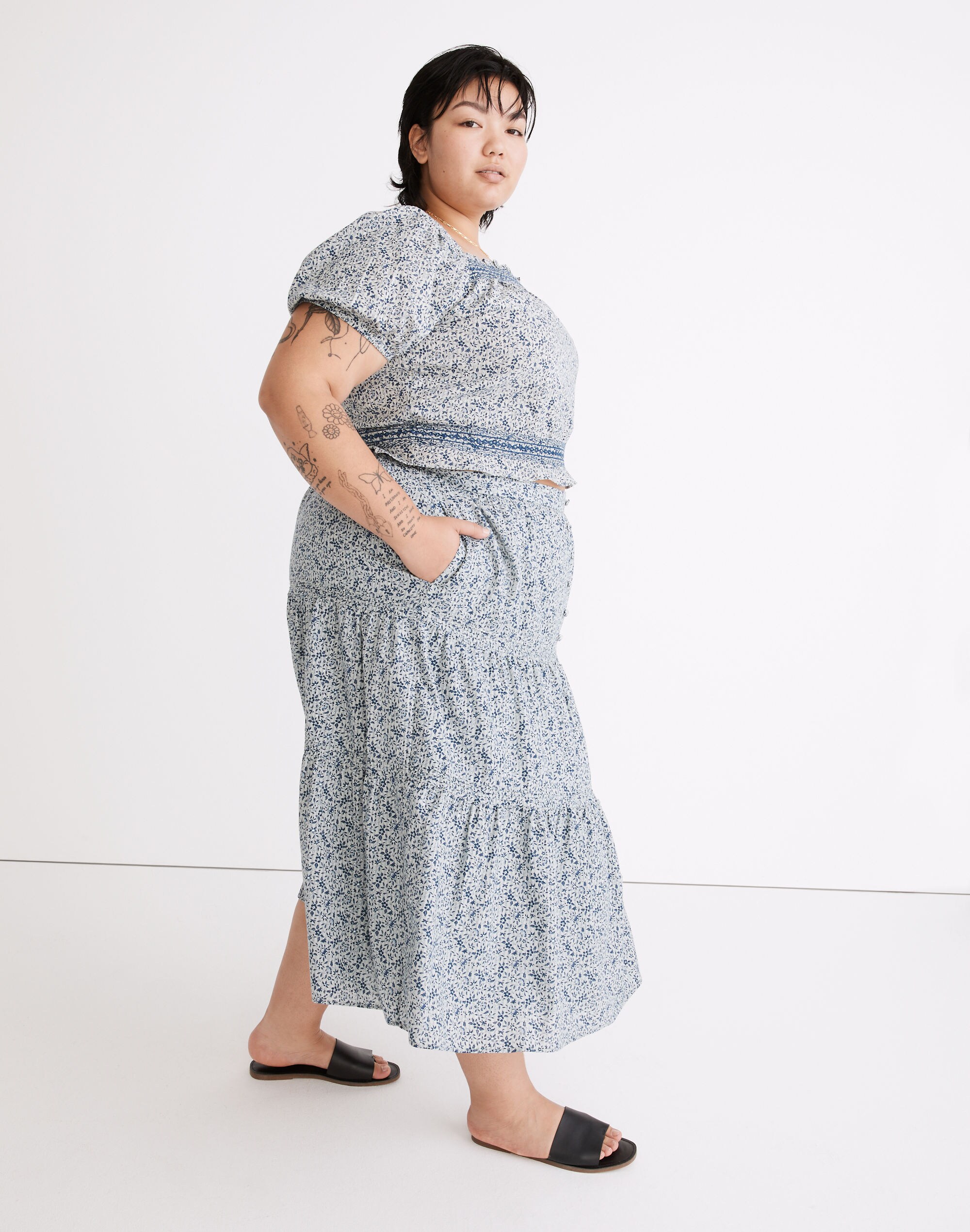 Plus Button-Front Tiered Maxi Skirt in Florentine Floral