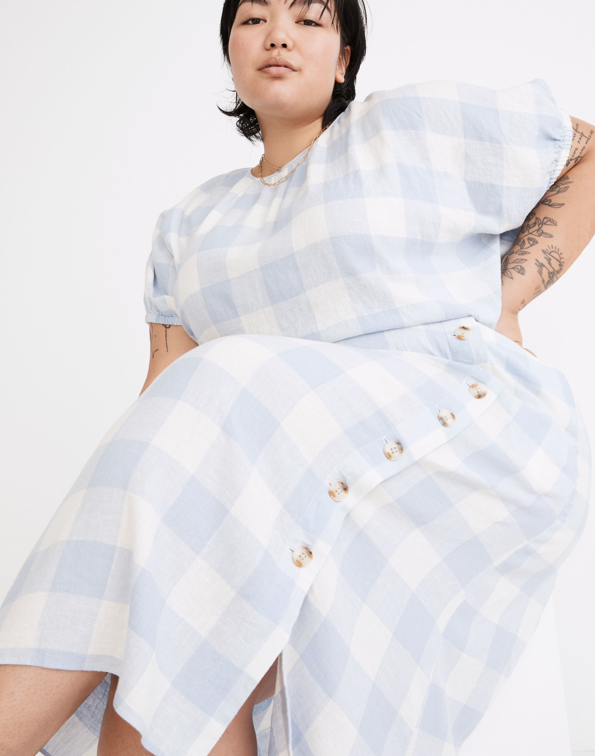 Plus Linen-Blend Side-Button Midi Skirt in Gingham Check