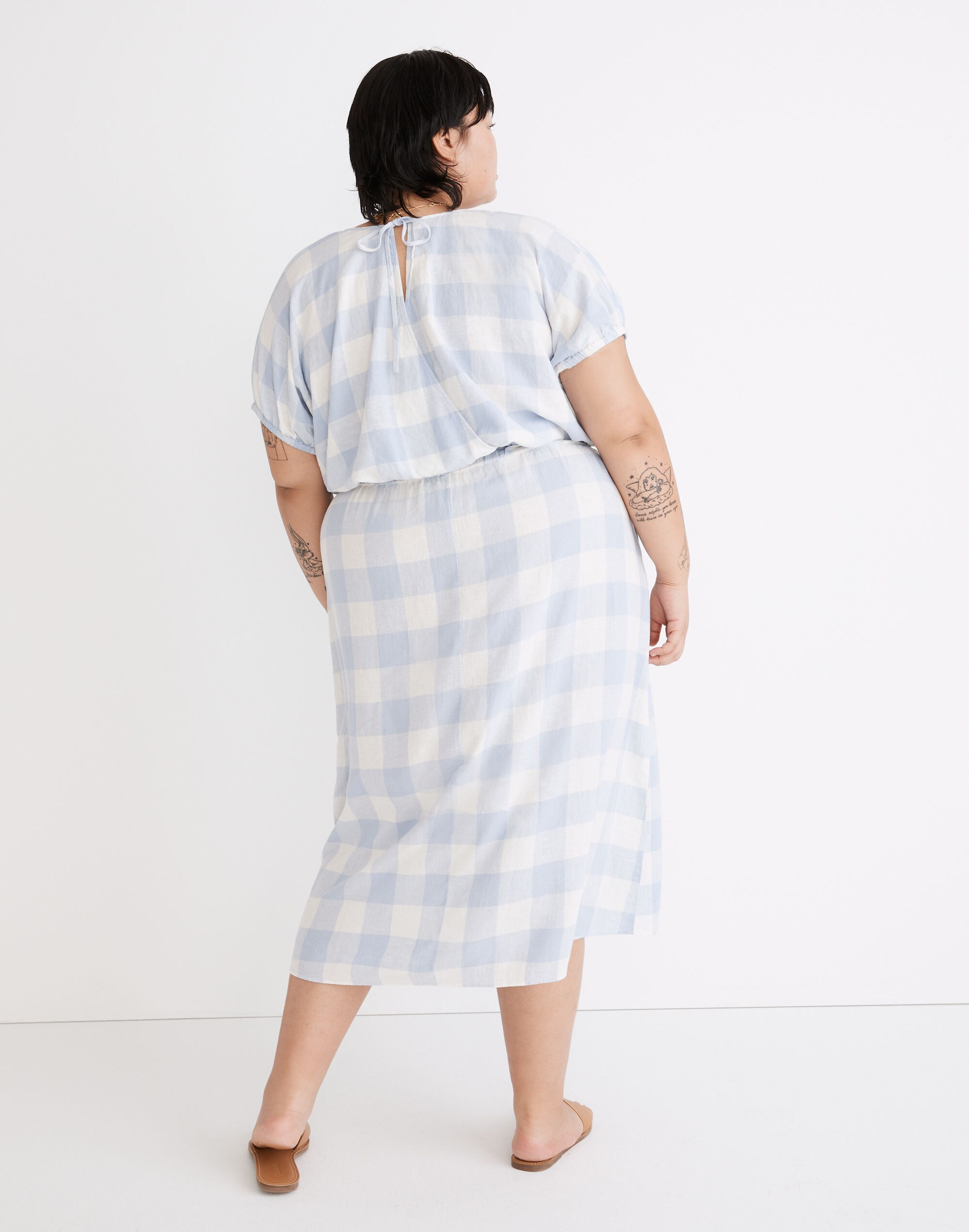 Plus Linen-Blend Side-Button Midi Skirt in Gingham Check