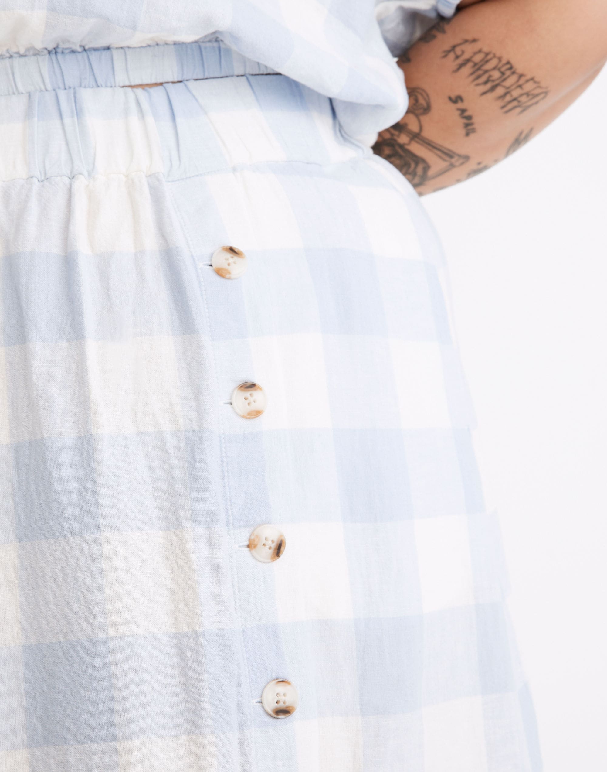 Plus Linen-Blend Side-Button Midi Skirt in Gingham Check